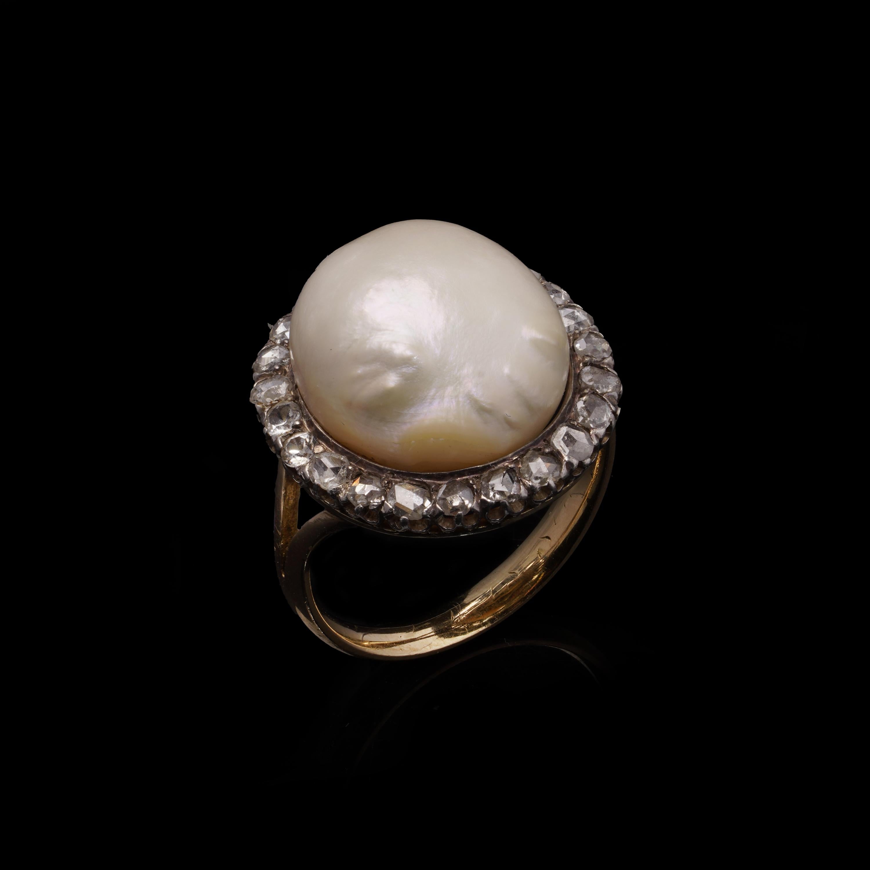 Antique 18kt Gold and Silver Pearl & Rose-Cut Diamond Cluster Ring For Sale 1