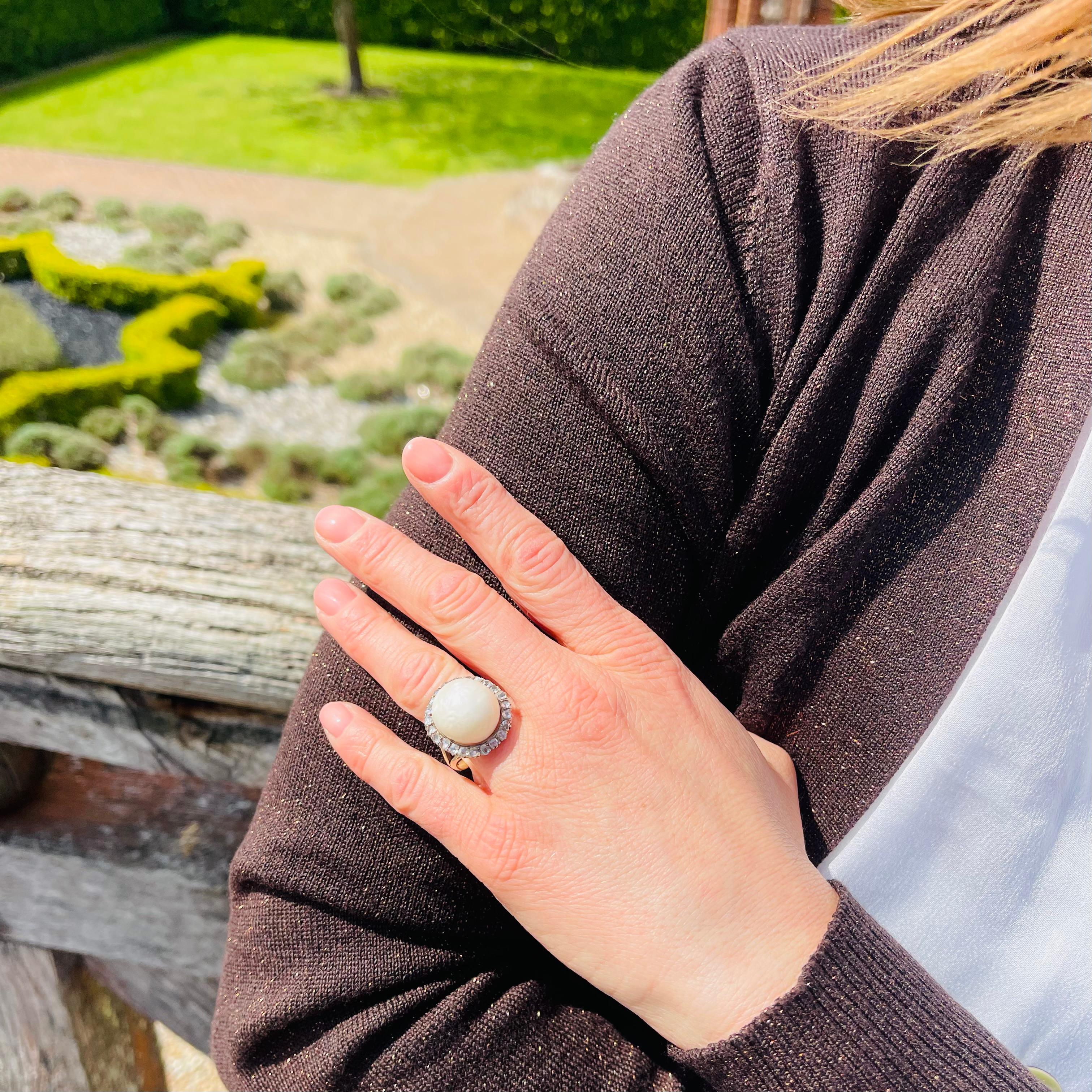 Antique 18kt Gold and Silver Pearl & Rose-Cut Diamond Cluster Ring For Sale 2