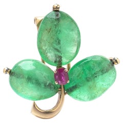 Antique 18KT Gold Cabochon Emerald and Ruby Three-Leaf Clover Brooch