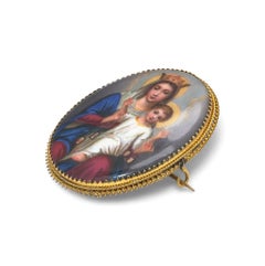 Antique 18KT Gold Enamel Painted Madonna and Child Brooch