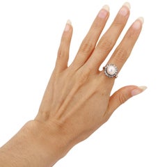 Antique 18kt Gold Halo Ring with Diamonds & Pearl
