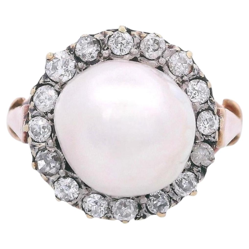 Antique 18kt Gold Halo Ring with Diamonds & Pearl For Sale