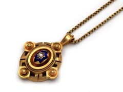 Antique 18kt Gold, Pearl and Blue Enamel Locket and Drop Earrings Demi-Parure