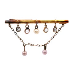 Antique 18kt Gold Pin Brooch with Diamonds and Natural Pearls