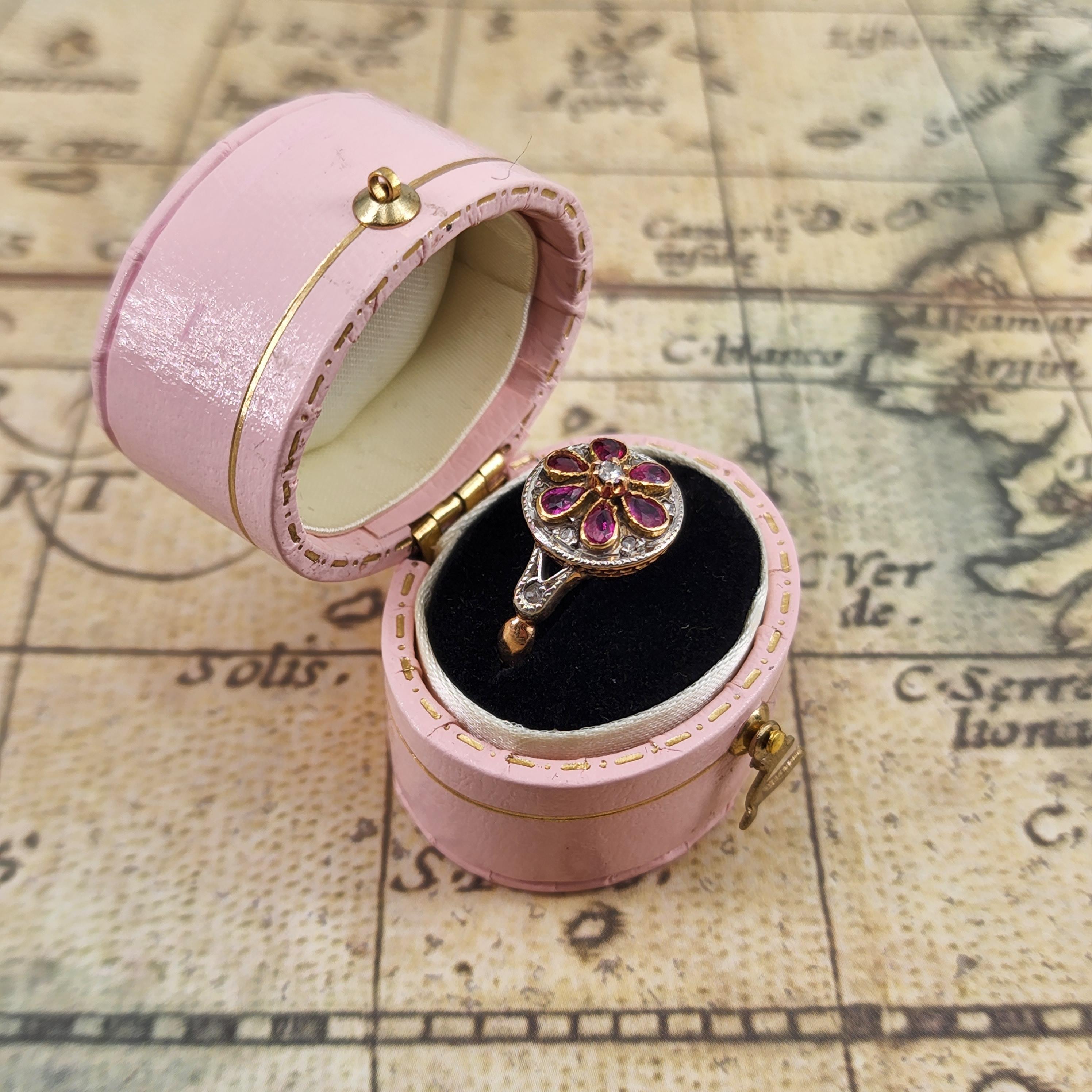 Old Mine Cut Edwardian 18kt Gold Ring with Rubies and Diamonds