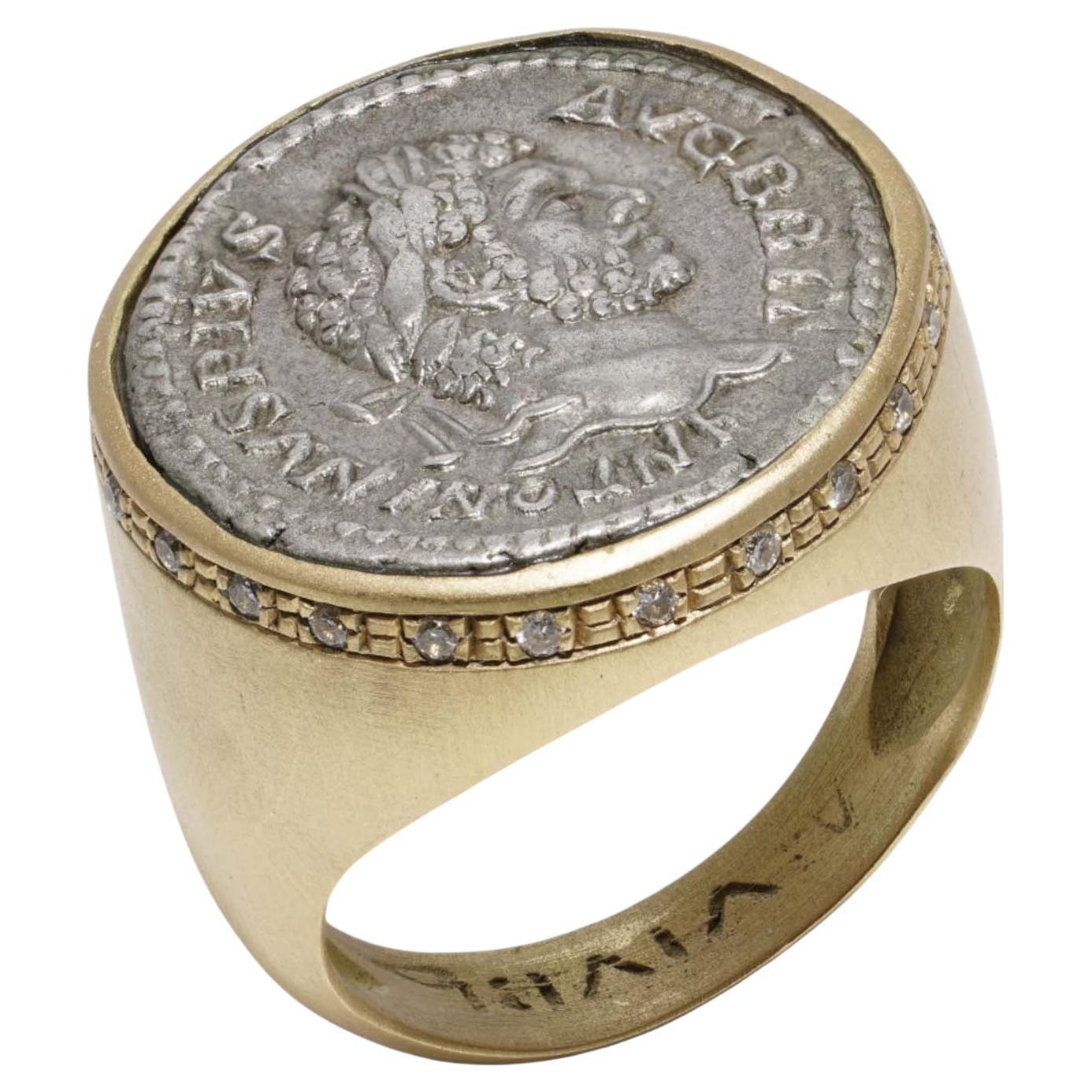 Antique 18kt Gold Signet Ring Featuring a Roman Coin of Emperor Antoninus Pius