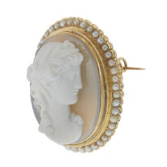 Antique 18KT Gold White Agate Cameo Brooch with Seed Pearls