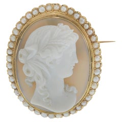 Antique 18KT Gold White Agate Cameo Brooch with Seed Pearls