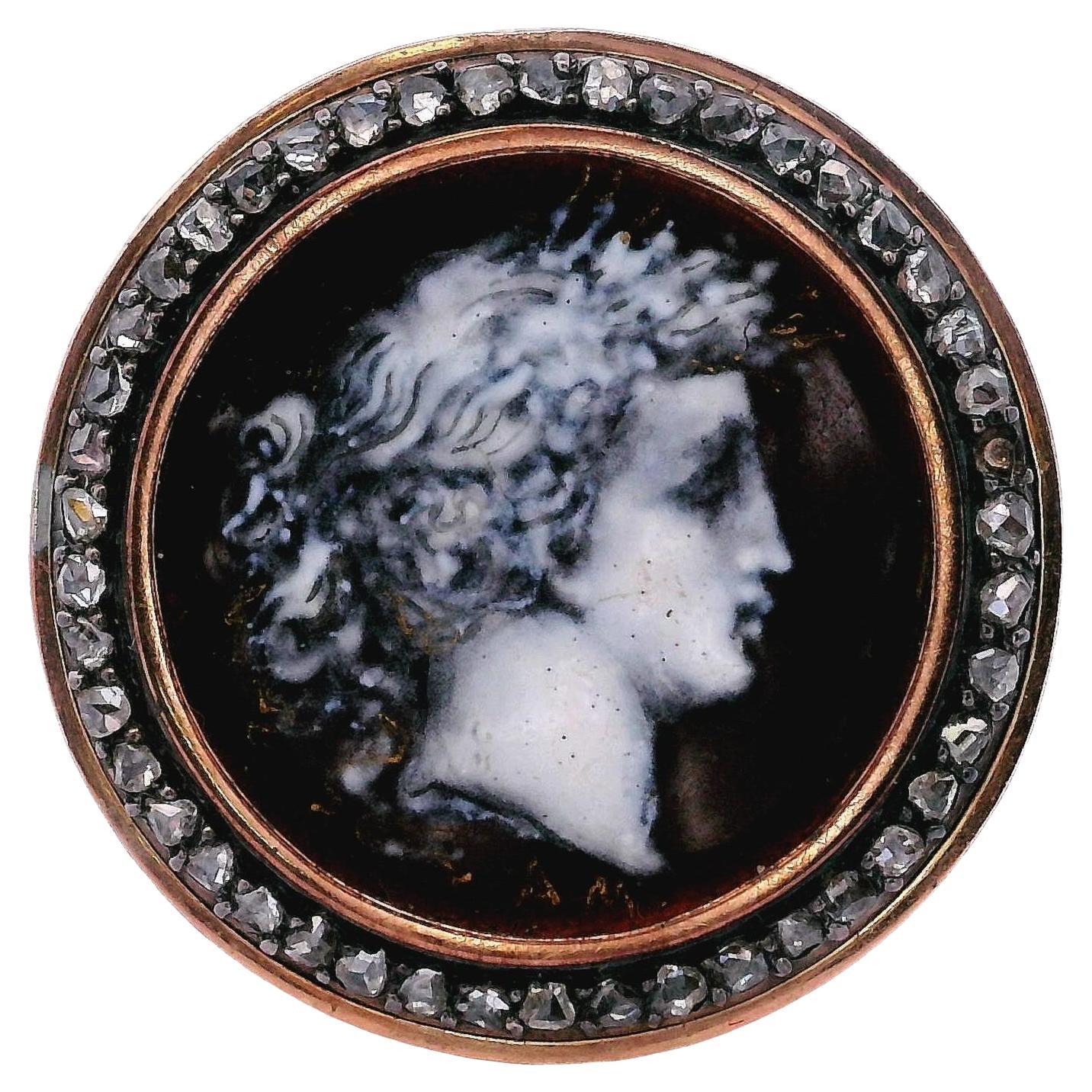 Antique 18kt Rose Gold Grisaille Enamel Portrait Brooch With Diamonds