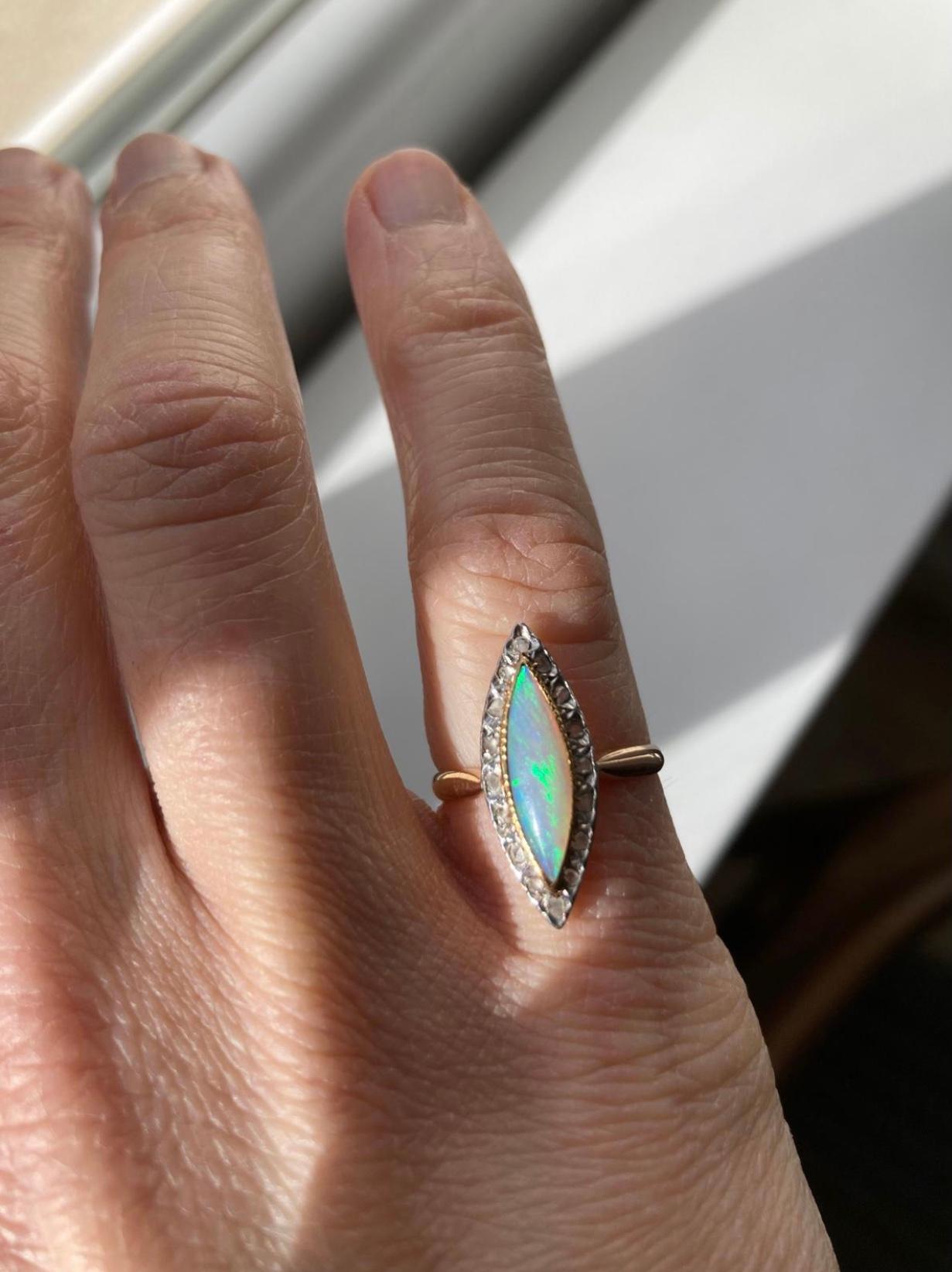 Antique 18kt Rose Gold Rose Diamond And Marquise Opal Ring For Sale 1