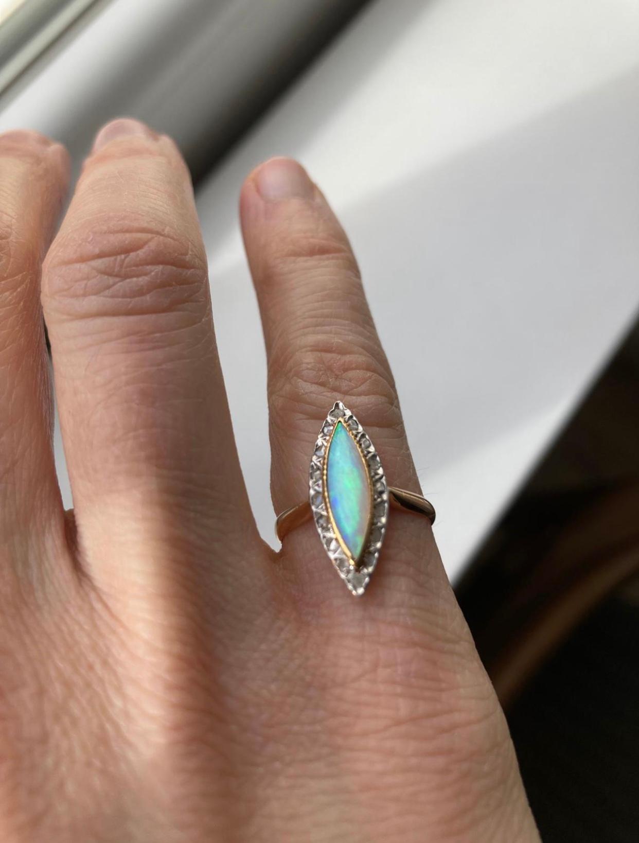 Antique 18kt Rose Gold Rose Diamond And Marquise Opal Ring 2