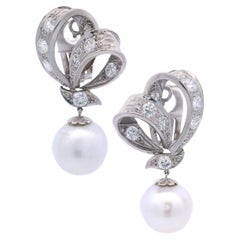 Antique 18kt white Gold Earrings with Diamonds & South Sea Pearls