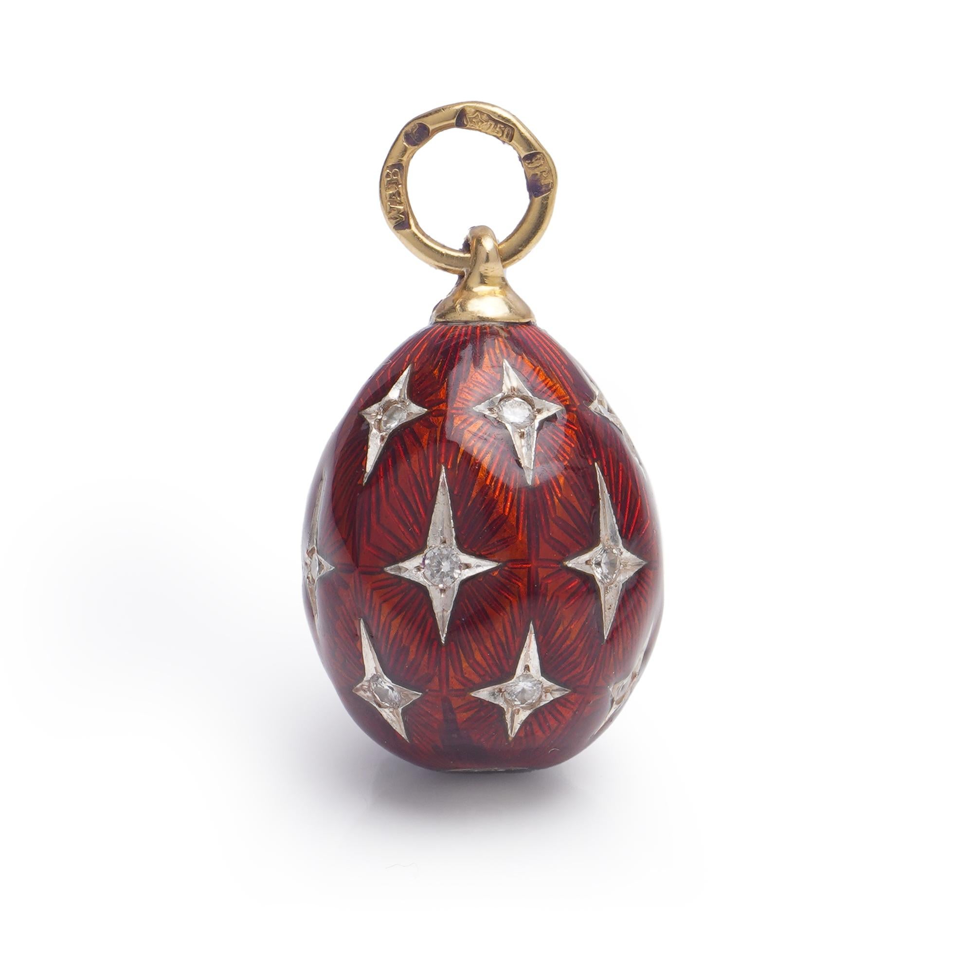 Antique 18kt. yellow gold and 960. silver and enamel Easter egg pendant set with diamonds.
Made in Russia. Ca.1900's
Maker: WA Bolin 

The firm's archives once dated as far back as 1796, and its founder, the German-born jeweller Andreas Roempler,