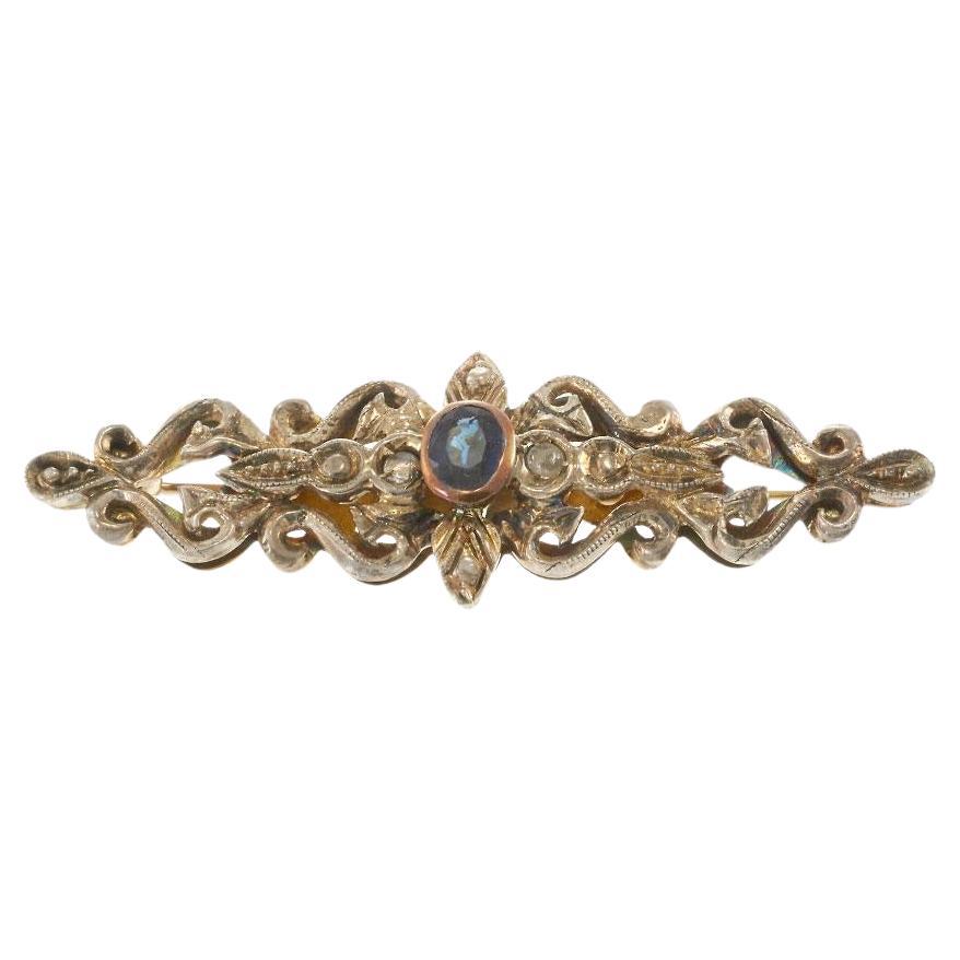 Antique 18KT Yellow Gold and Silver Victorian Sapphire and Diamond Brooch
