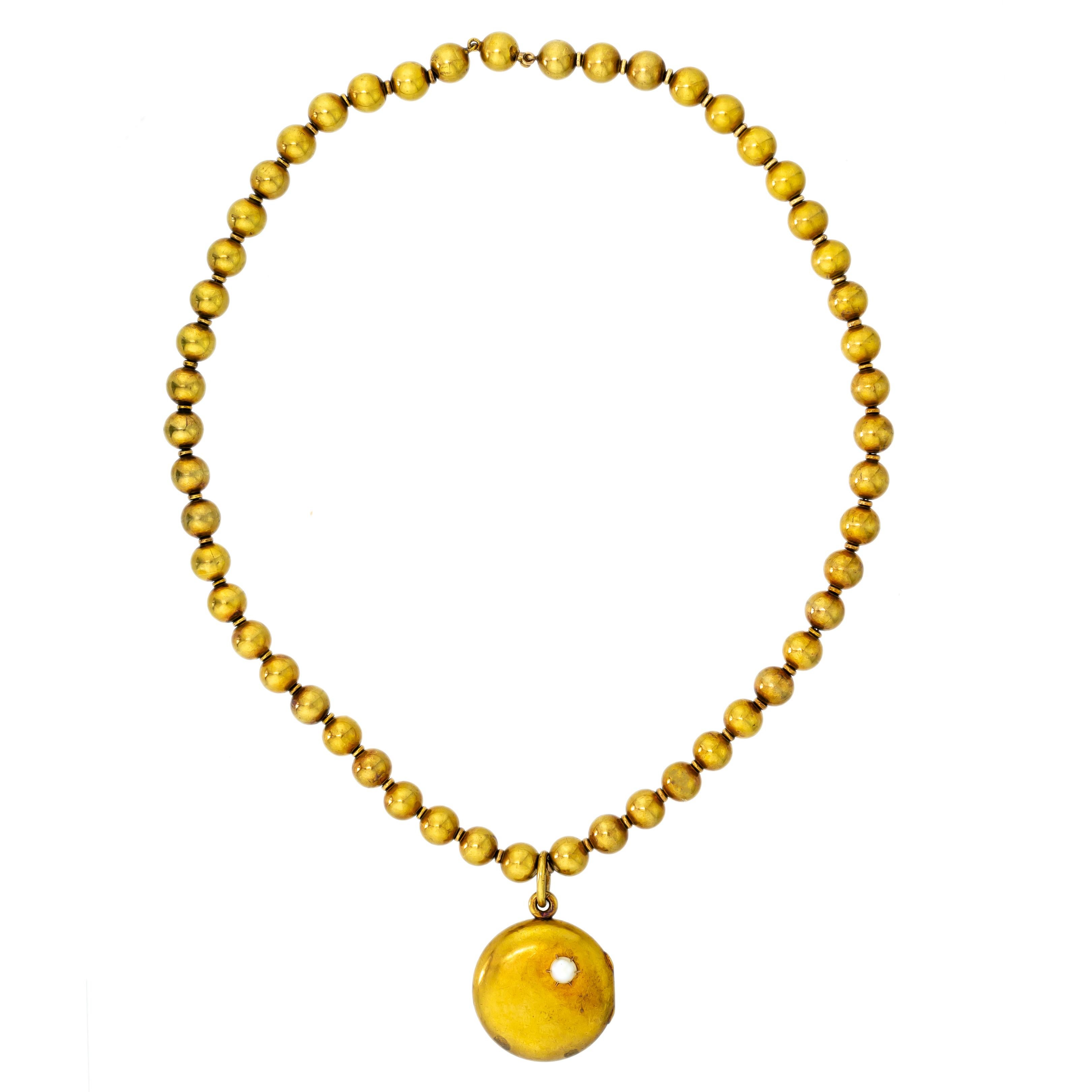 Antike antike Halskette aus 18 Karat Gelbgold mit Kugeln und Medaillon (Rundschliff) im Angebot