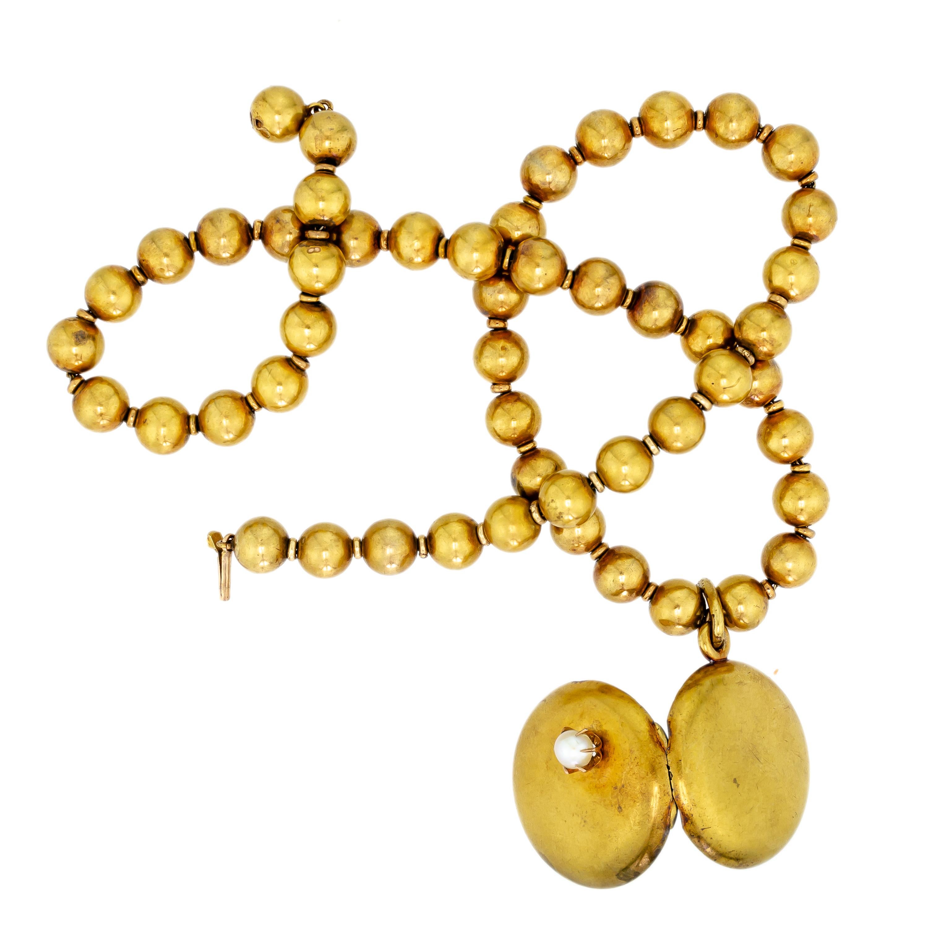Antike antike Halskette aus 18 Karat Gelbgold mit Kugeln und Medaillon im Zustand „Gut“ im Angebot in Wheaton, IL