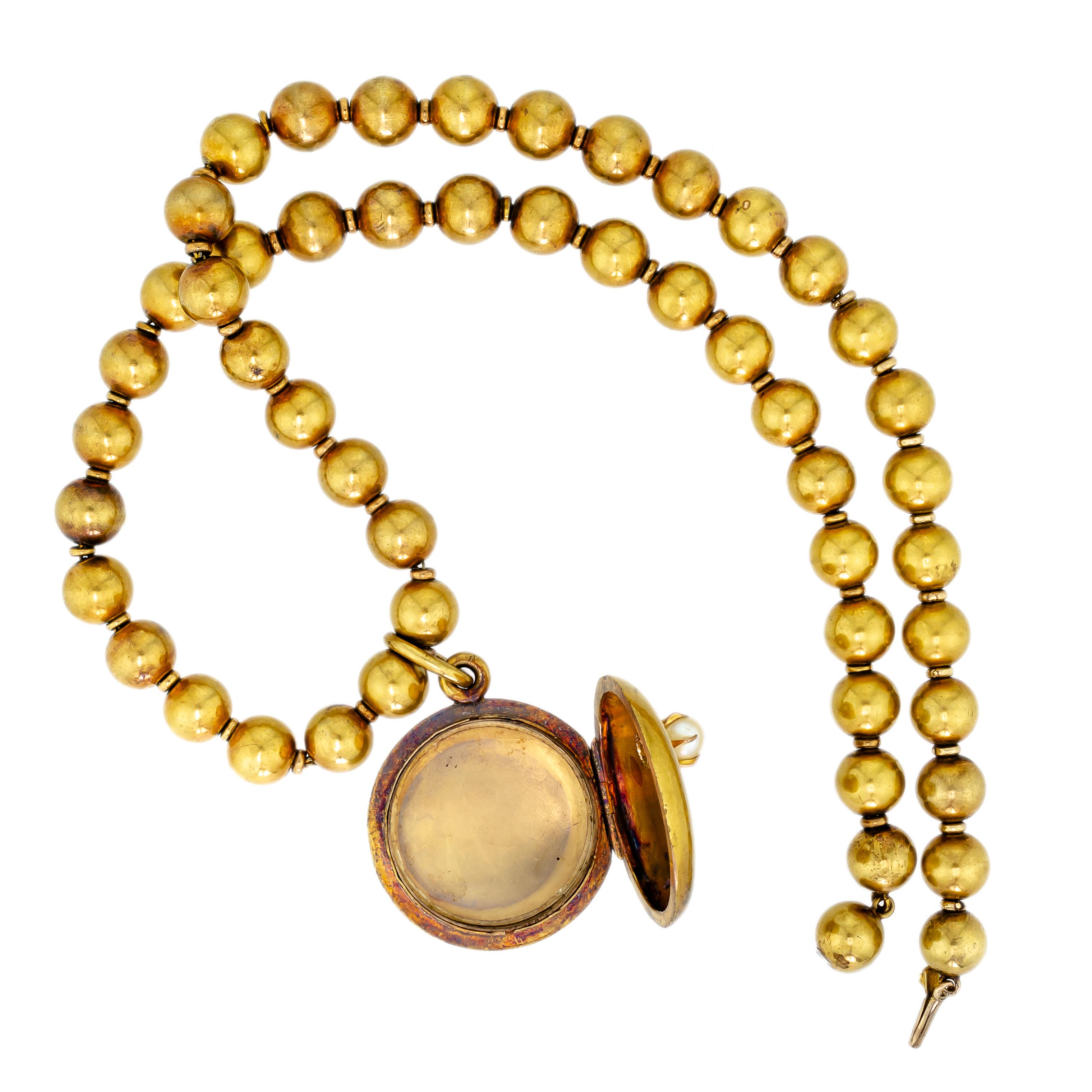 Antike antike Halskette aus 18 Karat Gelbgold mit Kugeln und Medaillon Damen im Angebot