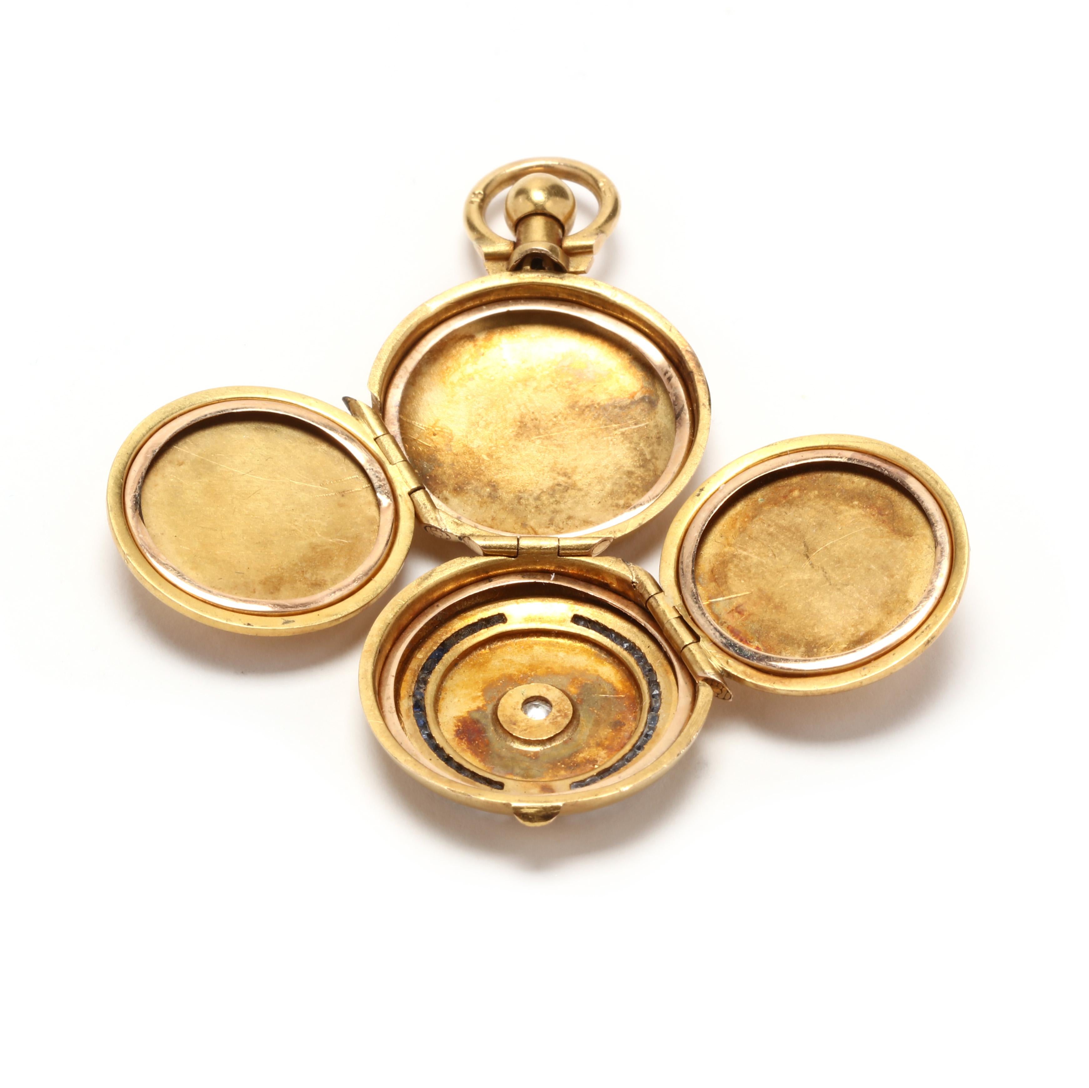 Square Cut Antique 18 Karat Yellow Gold Diamond and Sapphire Locket Charm / Pendant