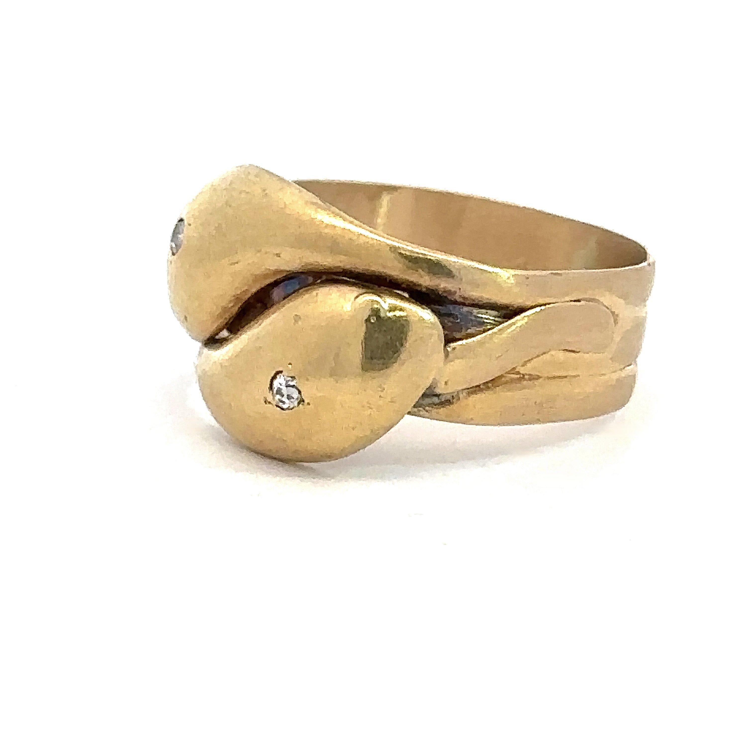 Old European Cut Antique 18KT Yellow Gold Double-Headed Snake Ring For Sale