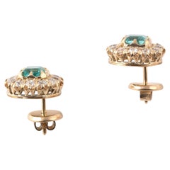 Antique 18kt Yellow Gold Emerald and Diamond Stud Earrings, Circa 1870