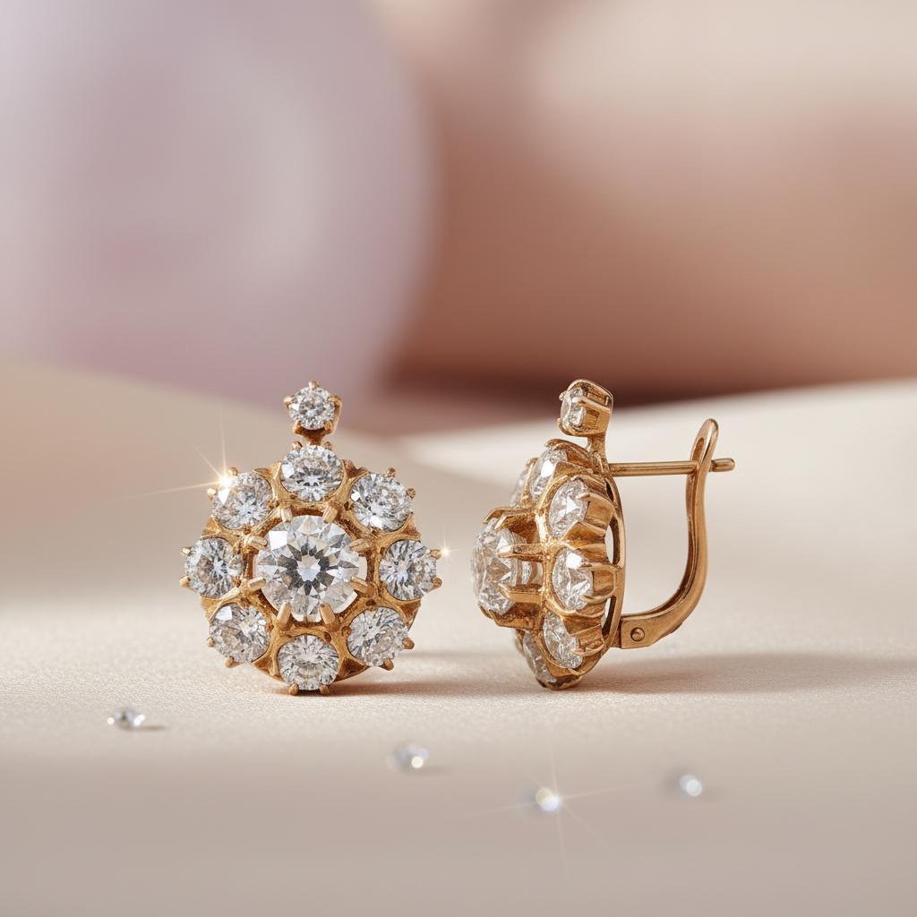 Antique 18kt yellow Gold Rosetta Earring with 1.80 Cts in Diamonds in vendita 3