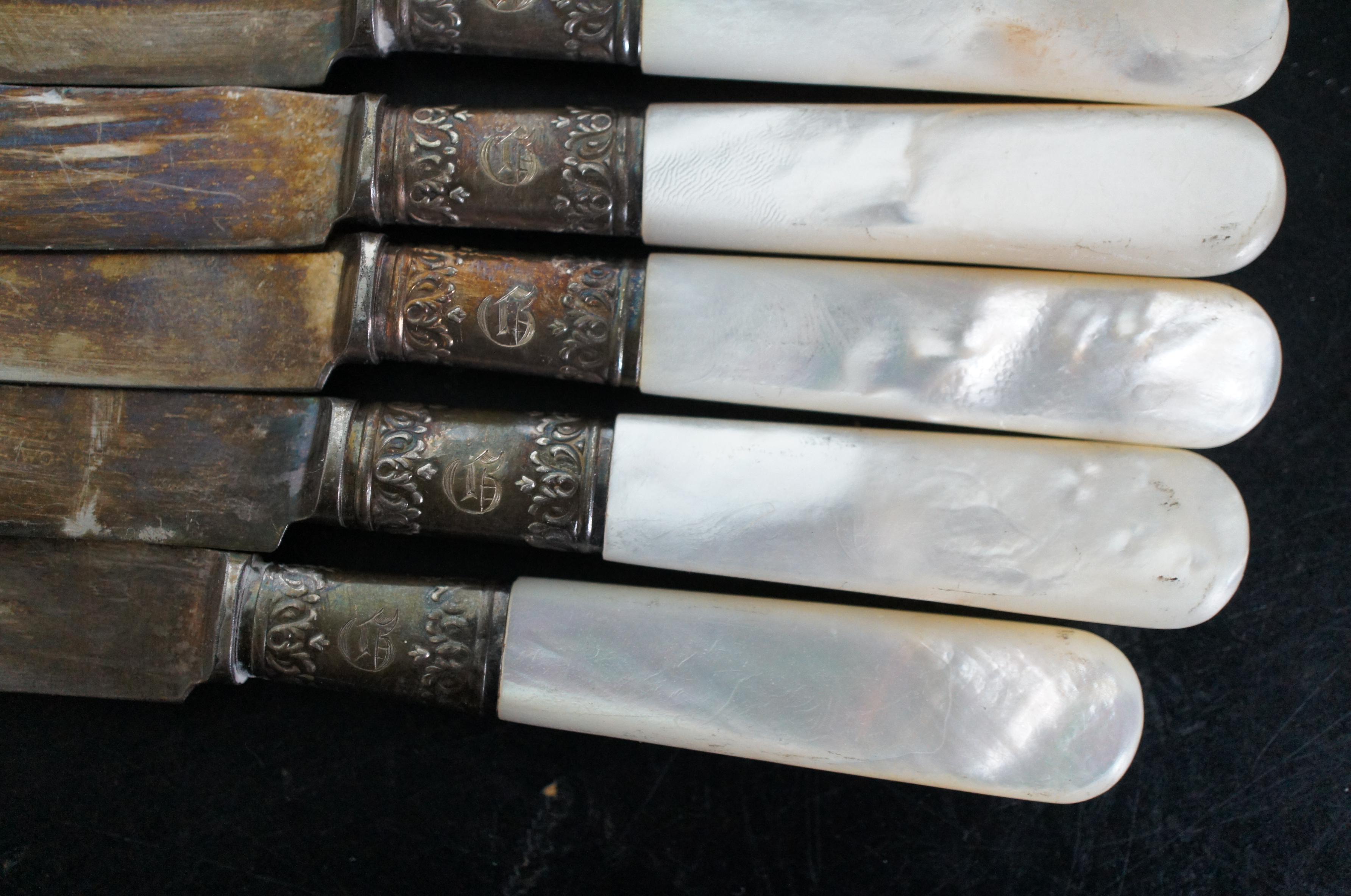 Antikes 18 Teile Perlmutt Sterlingsilber Gabelmesser Messer Fisch Besteck Geschirr im Angebot 5
