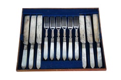 Antique 18Pc Mother of Pearl Sterling Silver Fork Knife Fish Flatware Cutlery