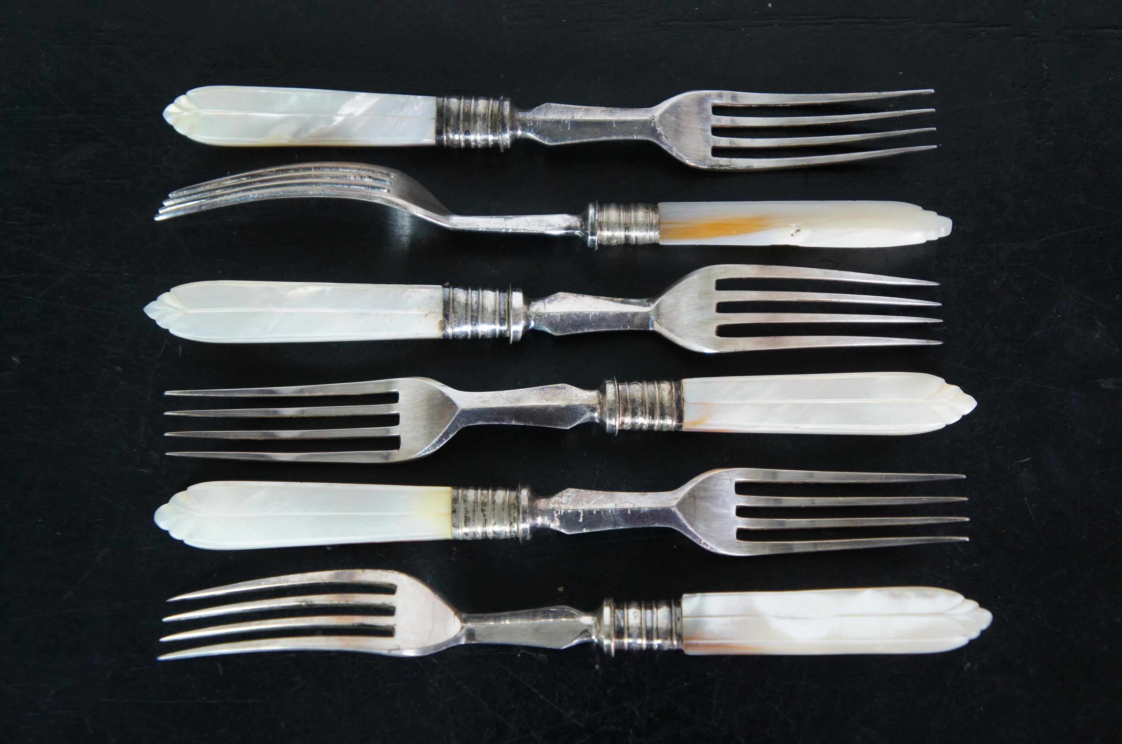 Antikes 18 Teile Perlmutt Sterlingsilber Gabelmesser Messer Fisch Besteck Geschirr im Angebot 1