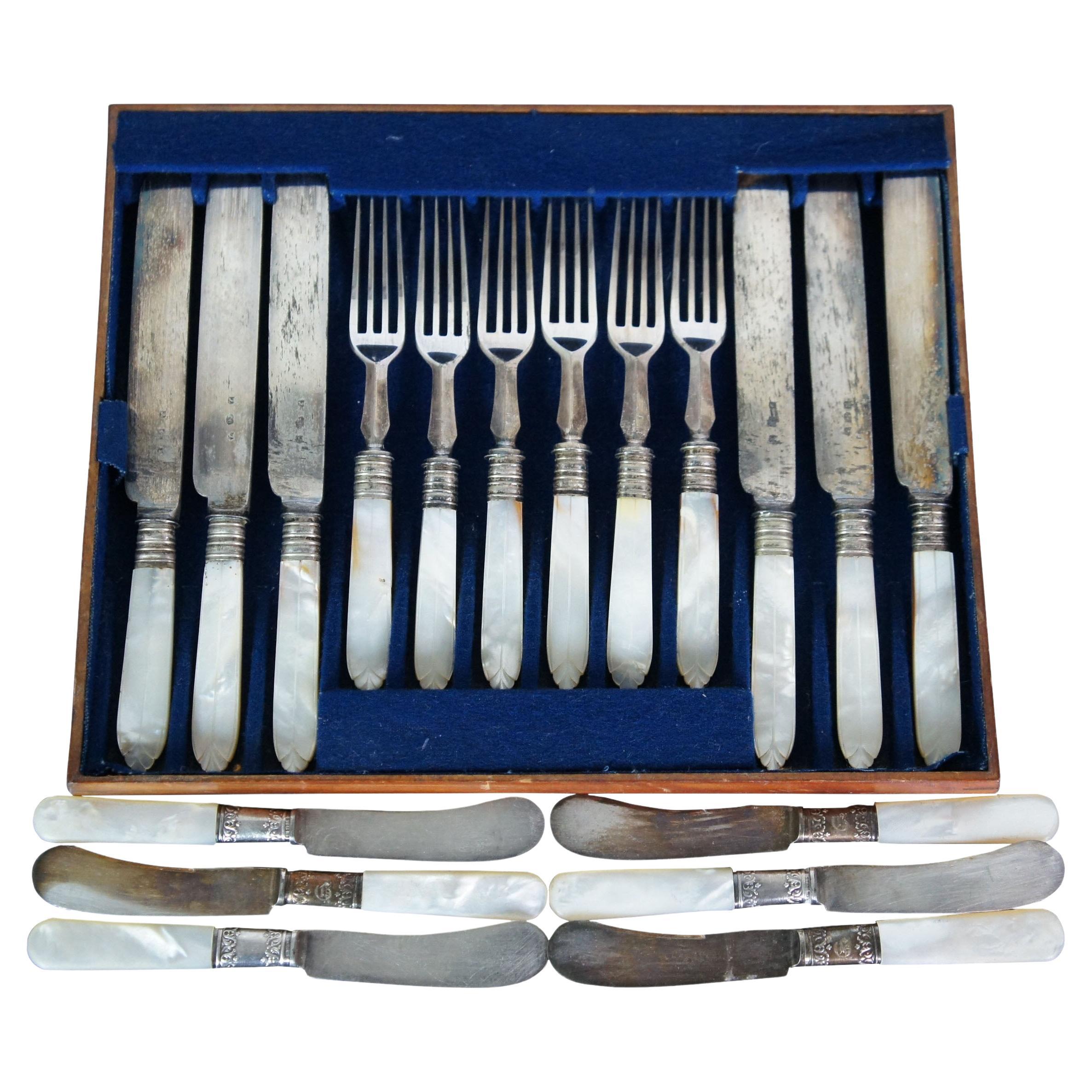 Antikes 18 Teile Perlmutt Sterlingsilber Gabelmesser Messer Fisch Besteck Geschirr im Angebot