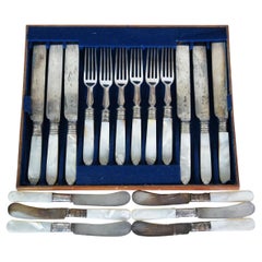 Antique 18Pc Mother of Pearl Sterling Silver Fork Knife Fish Flatware Cutlery
