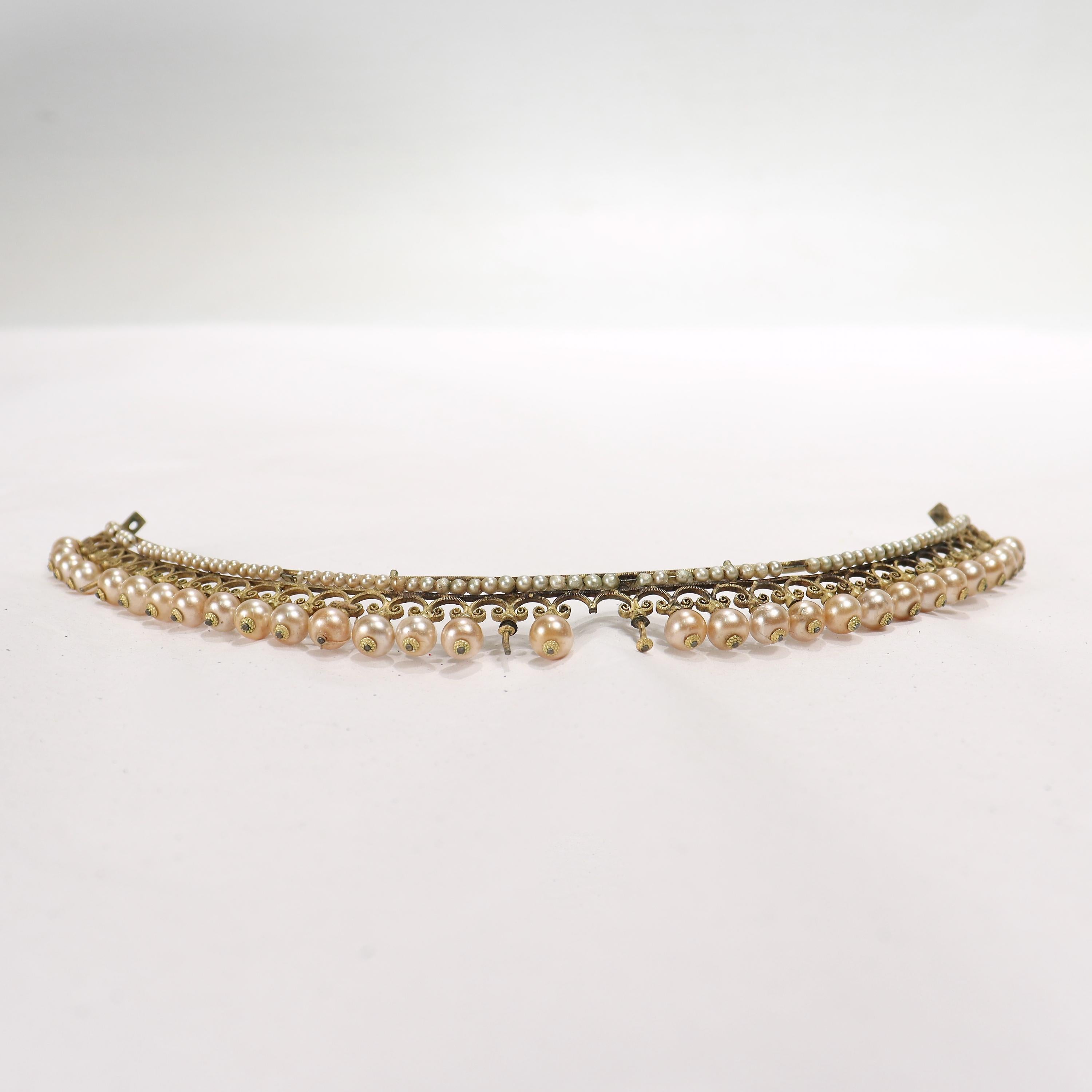 Antikes französisches Empire-Diademe-Tiara aus vergoldetem Silber und Kunstperlen aus dem 18. / 19. Jahrhundert 5