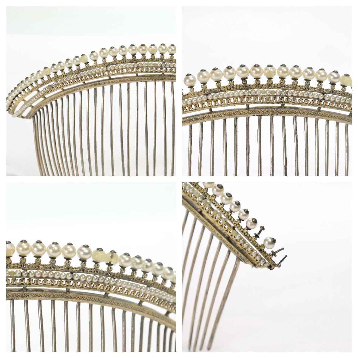 Antikes französisches Empire-Diademe-Tiara aus vergoldetem Silber und Kunstperlen aus dem 18. / 19. Jahrhundert 11
