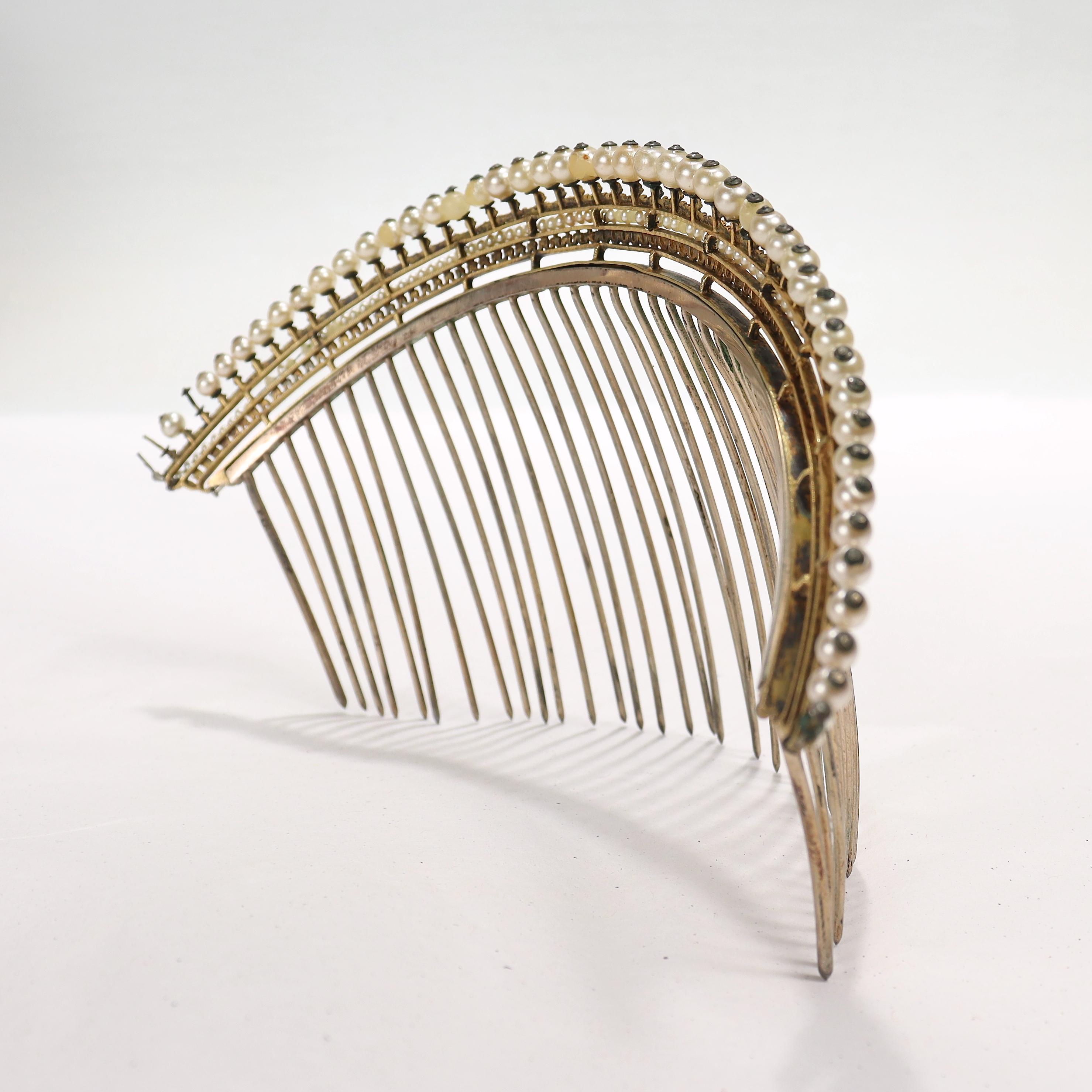 Antikes französisches Empire-Diademe-Tiara aus vergoldetem Silber und Kunstperlen aus dem 18. / 19. Jahrhundert 1