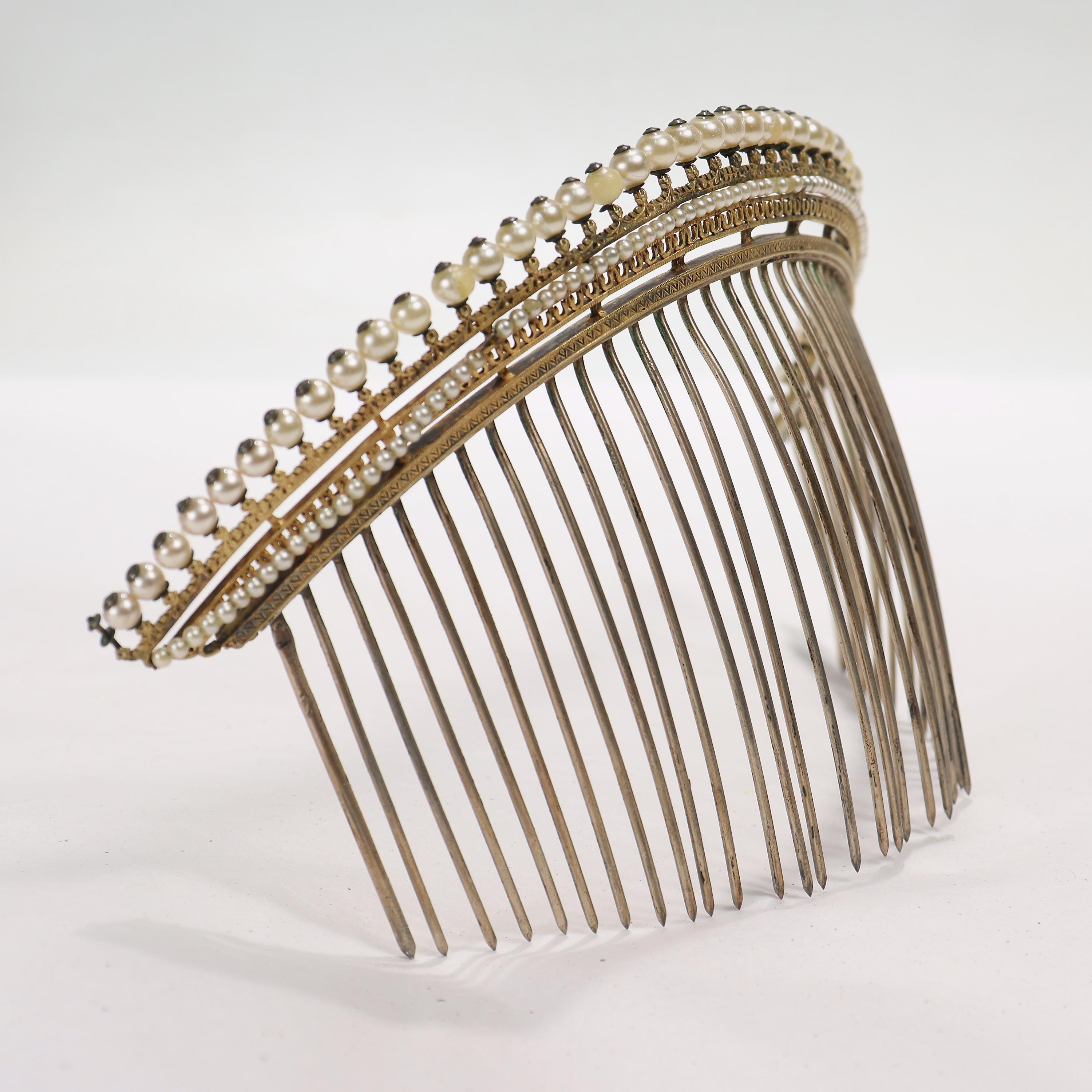 Antikes französisches Empire-Diademe-Tiara aus vergoldetem Silber und Kunstperlen aus dem 18. / 19. Jahrhundert 2
