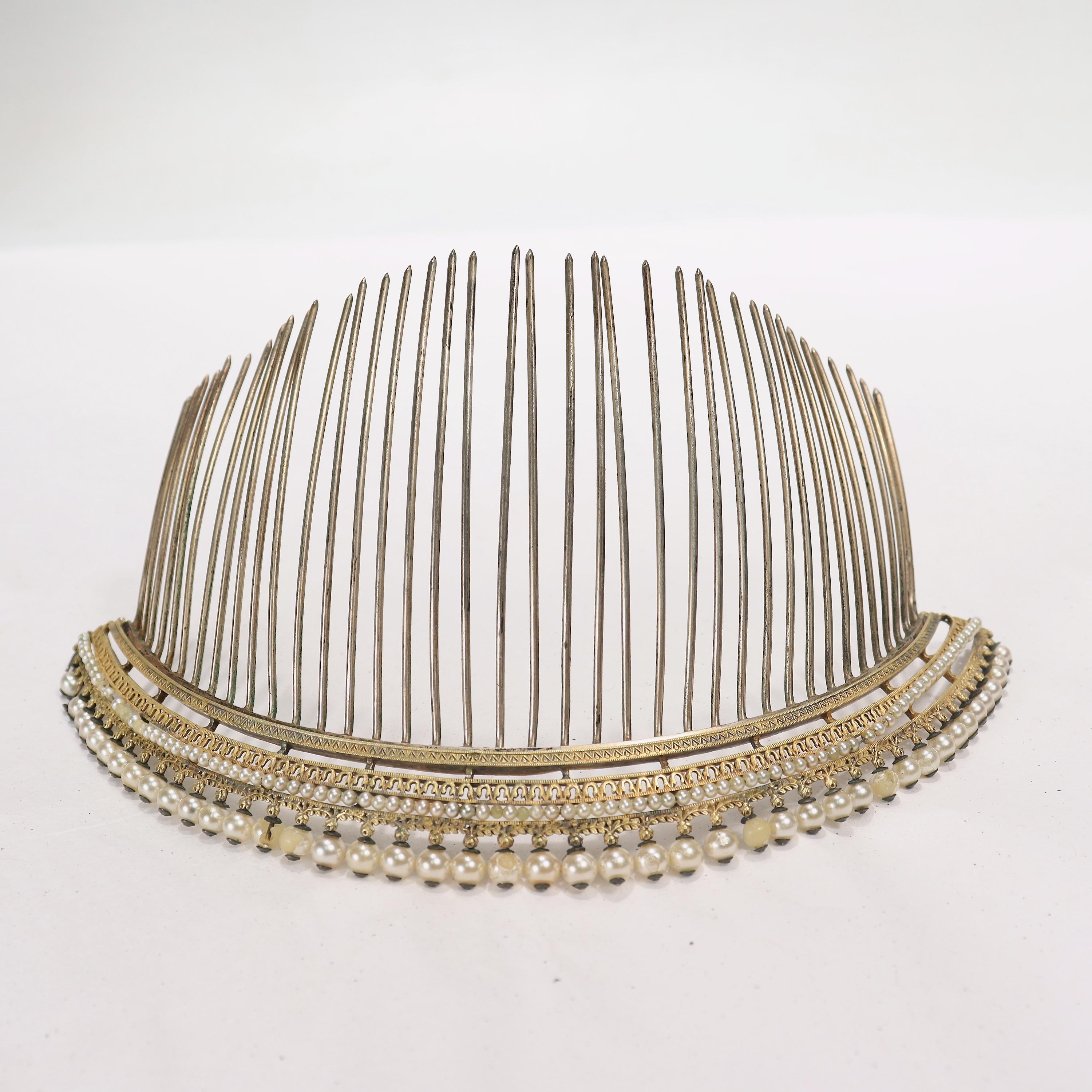 Antikes französisches Empire-Diademe-Tiara aus vergoldetem Silber und Kunstperlen aus dem 18. / 19. Jahrhundert 3