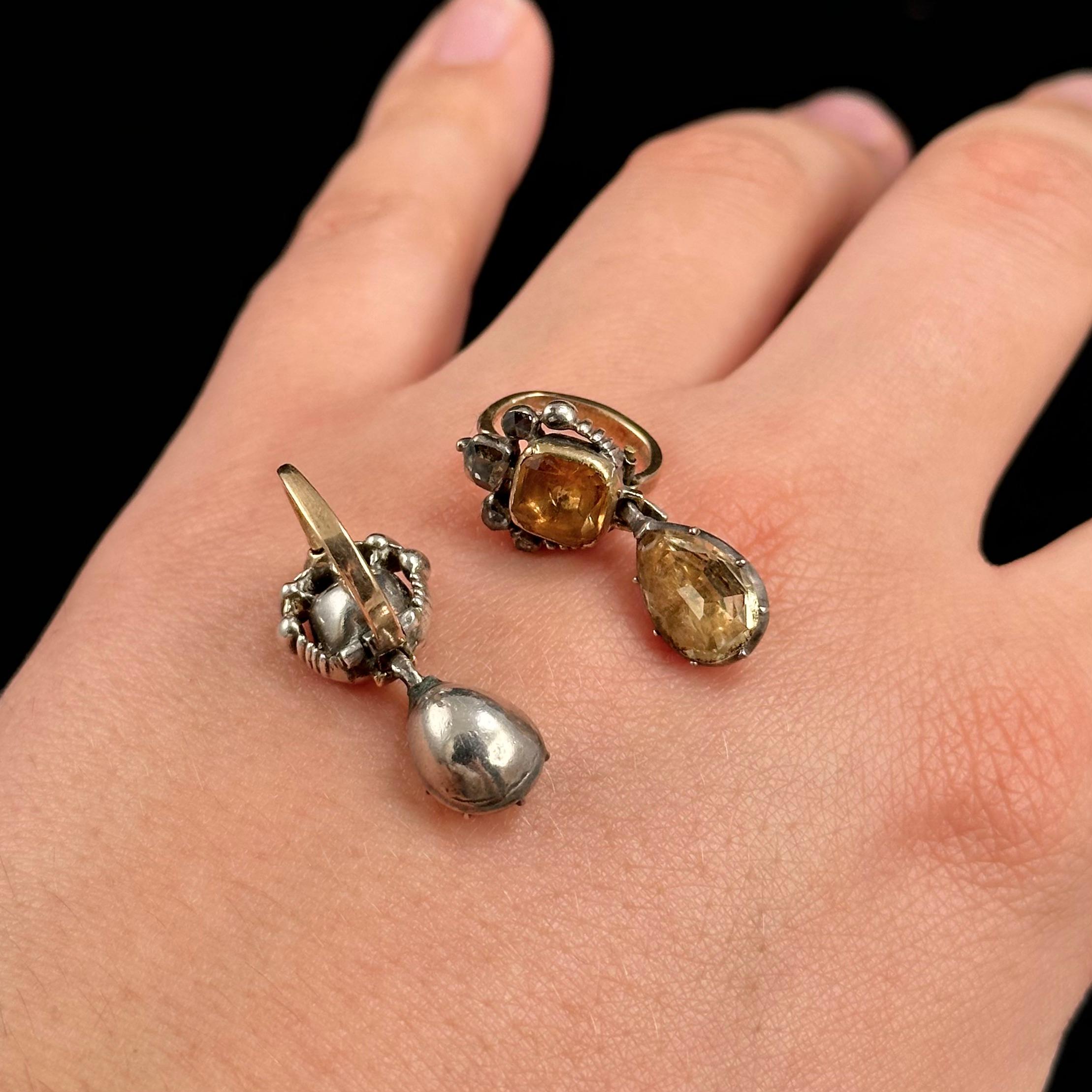 Boucles d'oreilles anciennes 18/19ème siècle Géorgienne Diamant Topaze Citrine Portugaise en vente 5