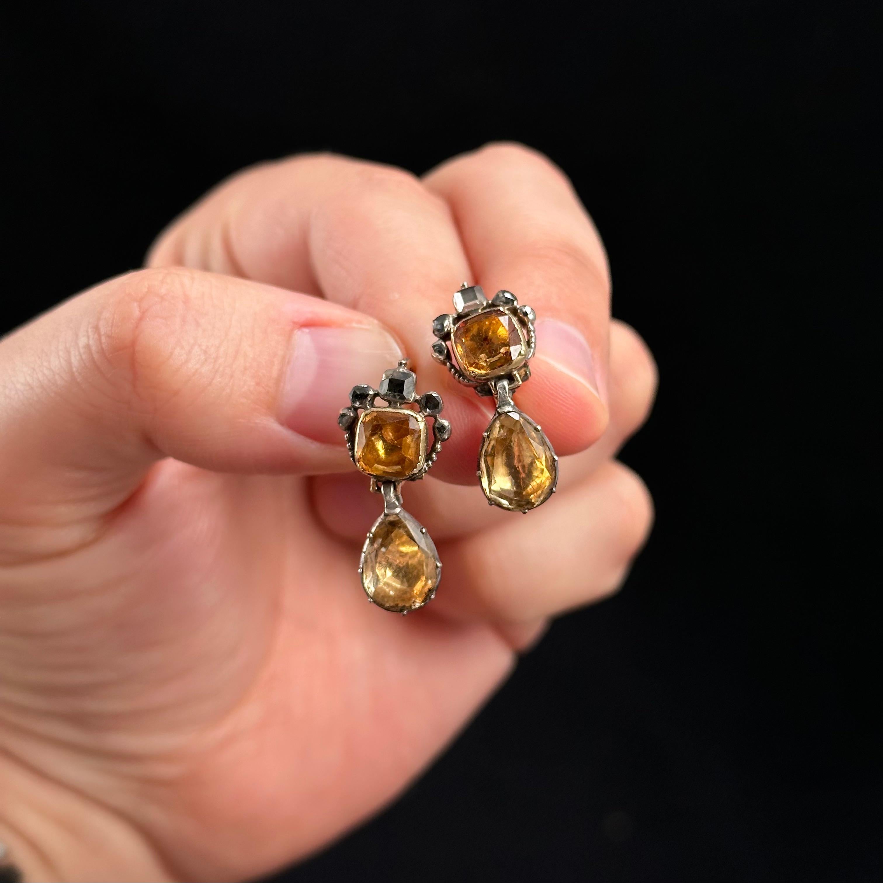 Georgien Boucles d'oreilles anciennes 18/19ème siècle Géorgienne Diamant Topaze Citrine Portugaise en vente
