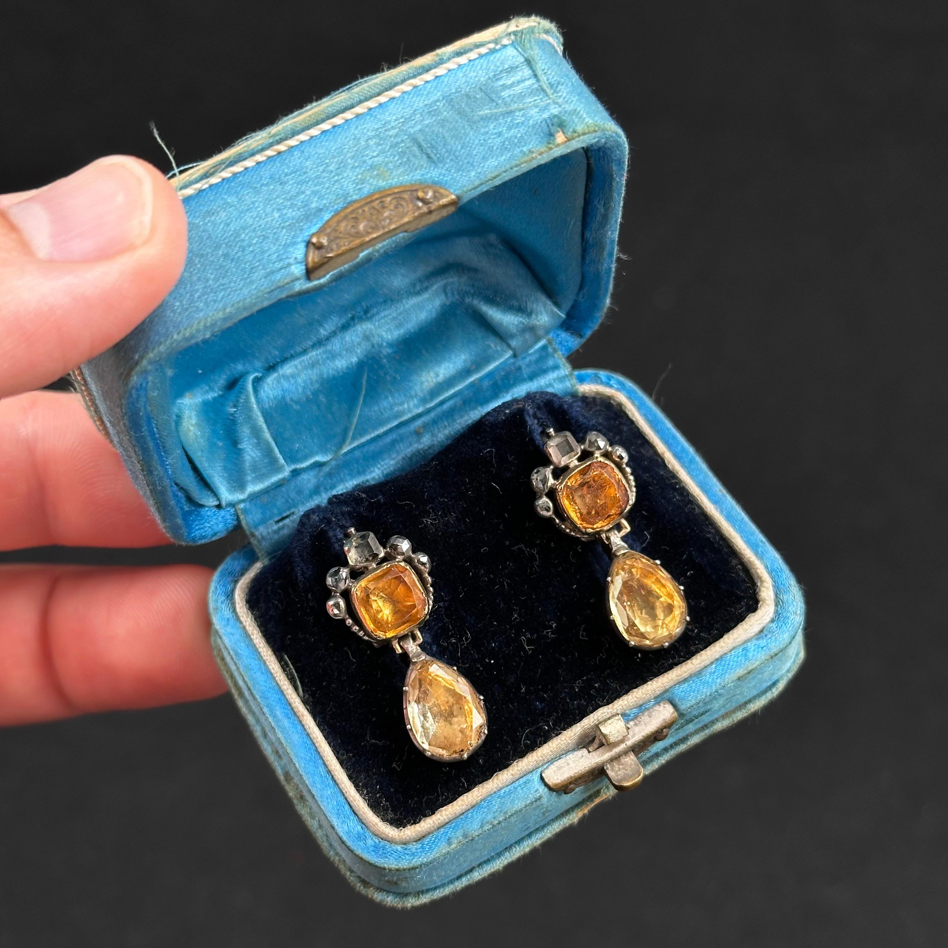 Taille coussin antique Boucles d'oreilles anciennes 18/19ème siècle Géorgienne Diamant Topaze Citrine Portugaise en vente