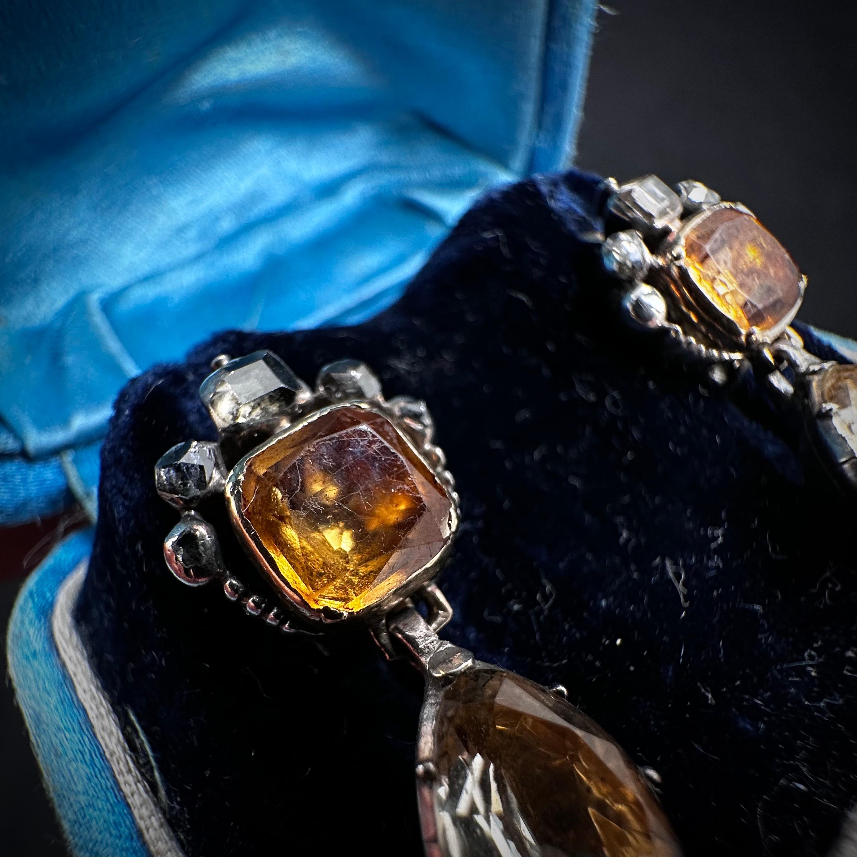 Boucles d'oreilles anciennes 18/19ème siècle Géorgienne Diamant Topaze Citrine Portugaise Bon état - En vente à Lisbon, PT