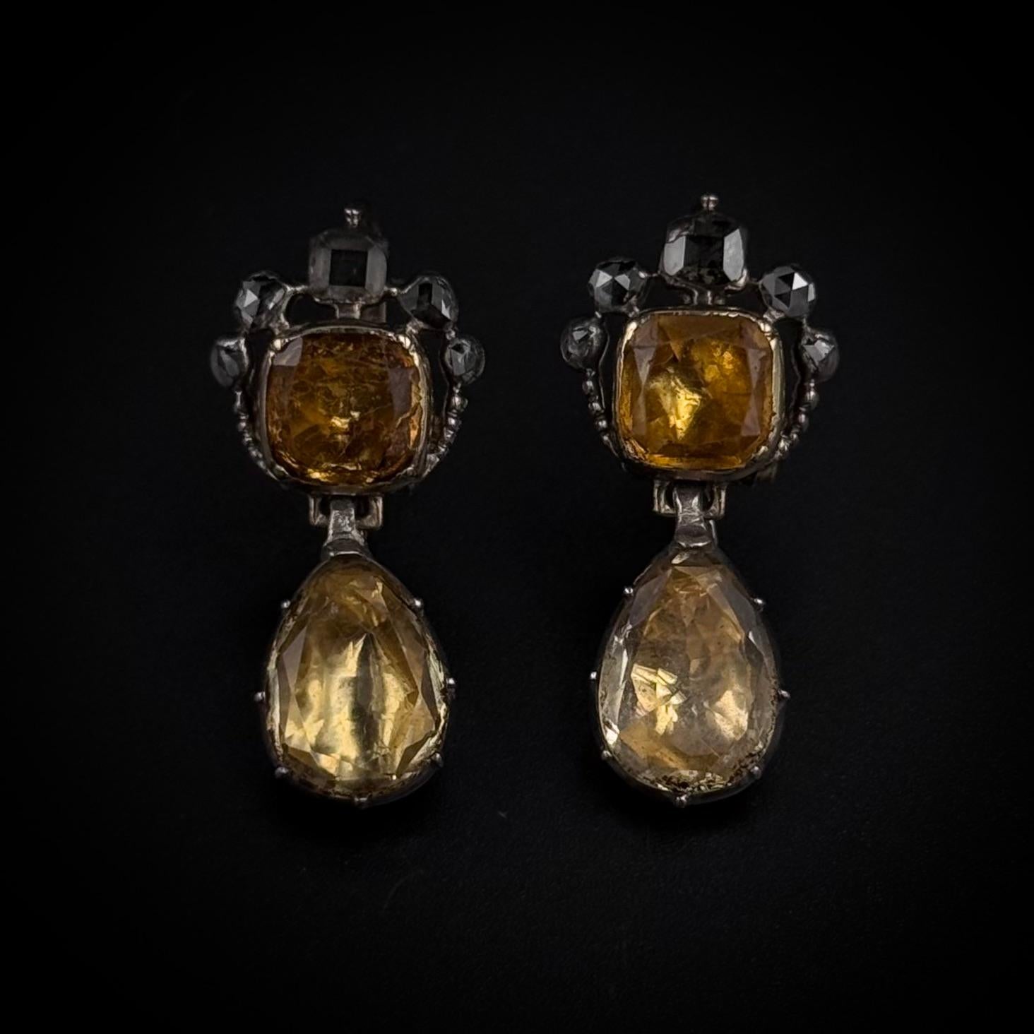 Boucles d'oreilles anciennes 18/19ème siècle Géorgienne Diamant Topaze Citrine Portugaise Unisexe en vente