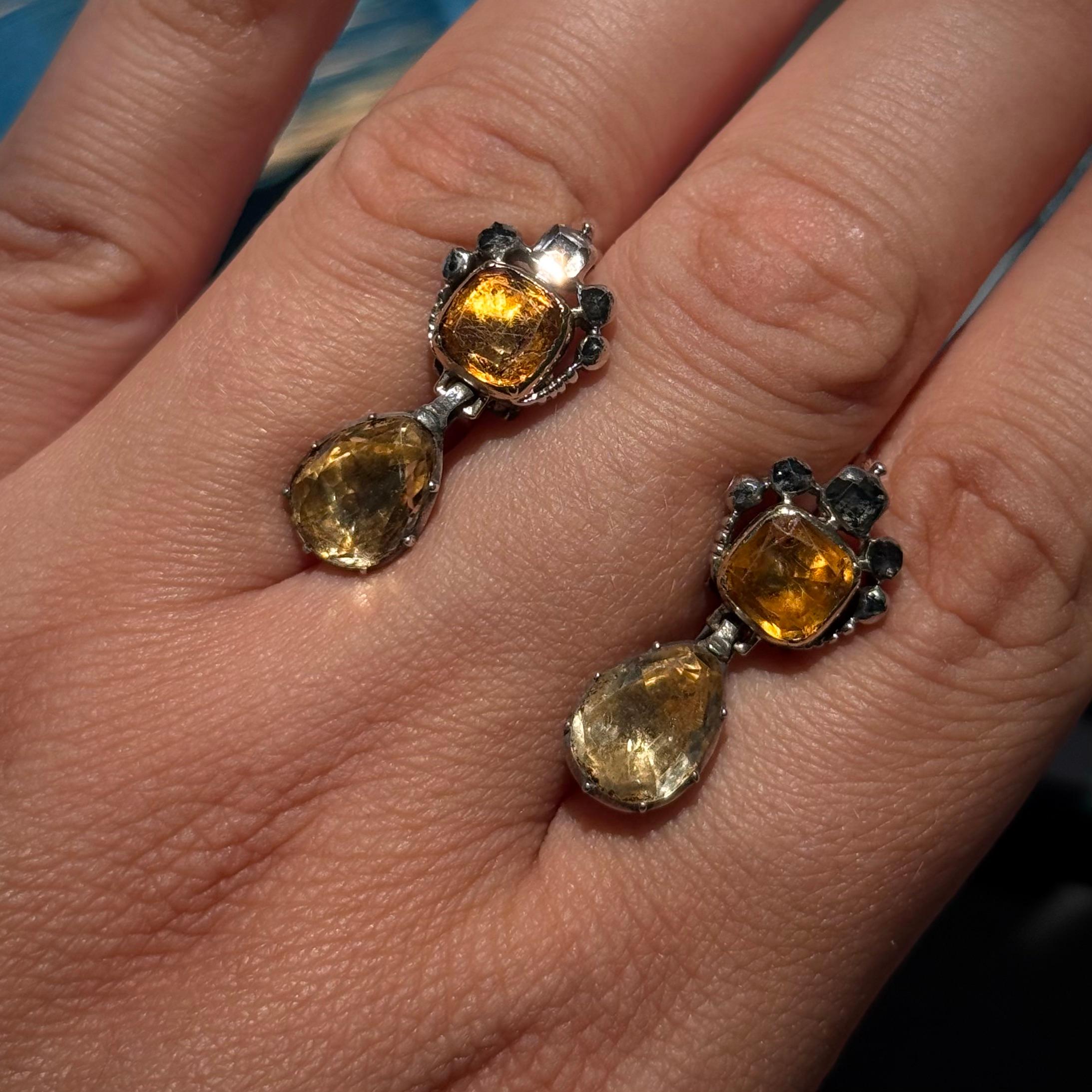 Boucles d'oreilles anciennes 18/19ème siècle Géorgienne Diamant Topaze Citrine Portugaise en vente 1