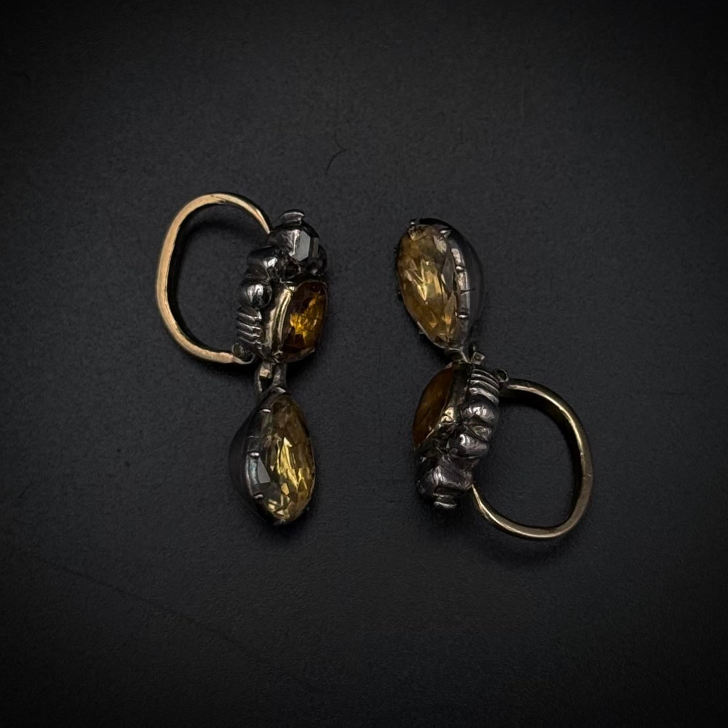 Boucles d'oreilles anciennes 18/19ème siècle Géorgienne Diamant Topaze Citrine Portugaise en vente 3