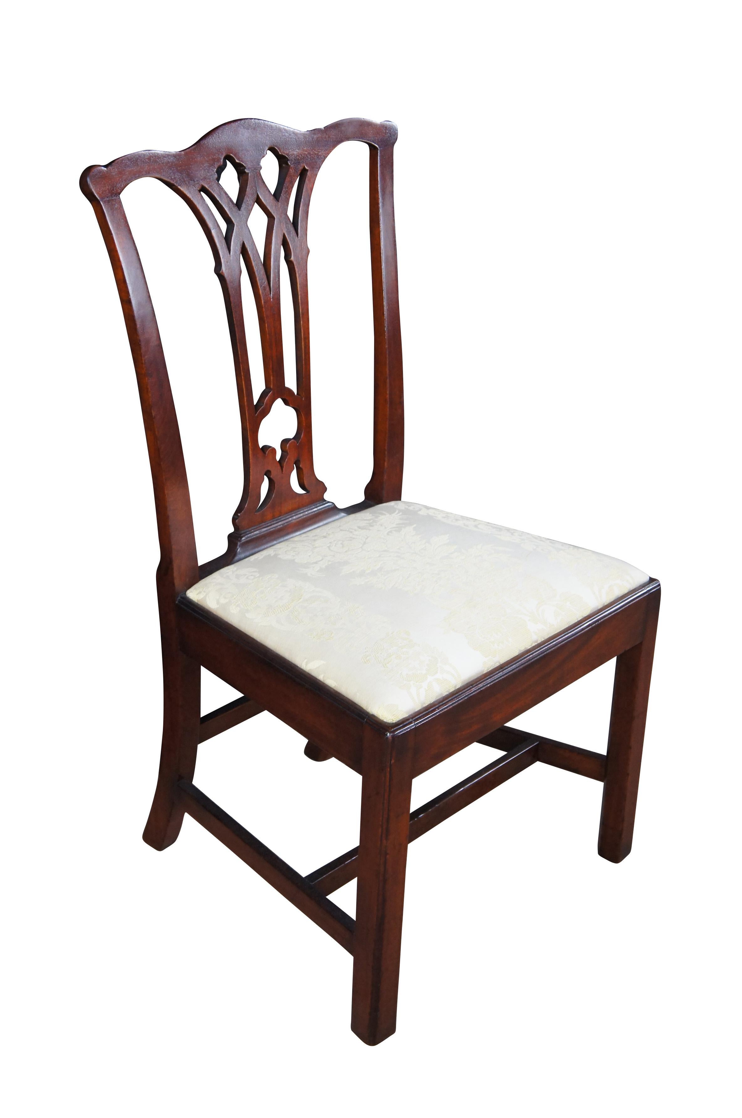 American Chippendale side chair, Pennsylvania, late 18th C.  Made from mahogany with shaped crest with arch, rounded ears, vertical splat pierced in Gothic manner, typical Pennsylvania construction with through tenons and quarter-round quarter