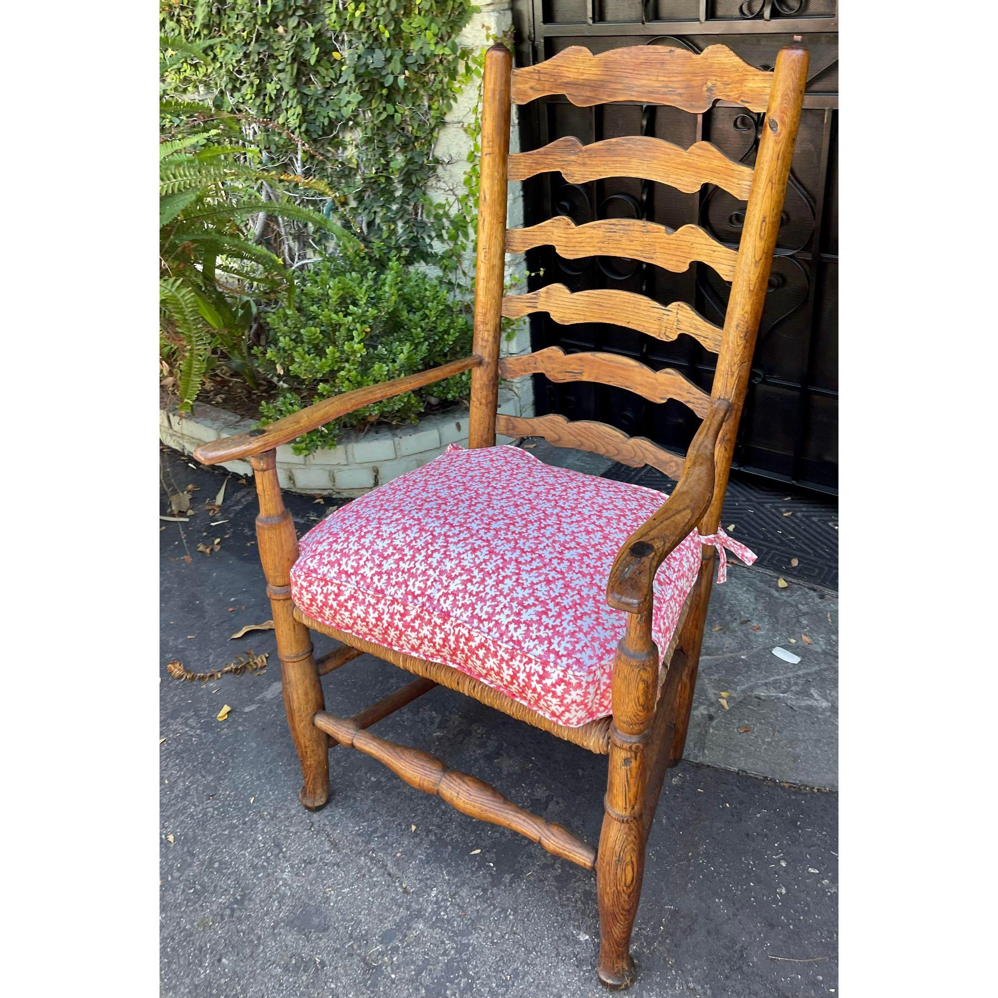 American Colonial Antique 18th C American Ladder Back Arm Chair with Scalamandre Down Cushion For Sale