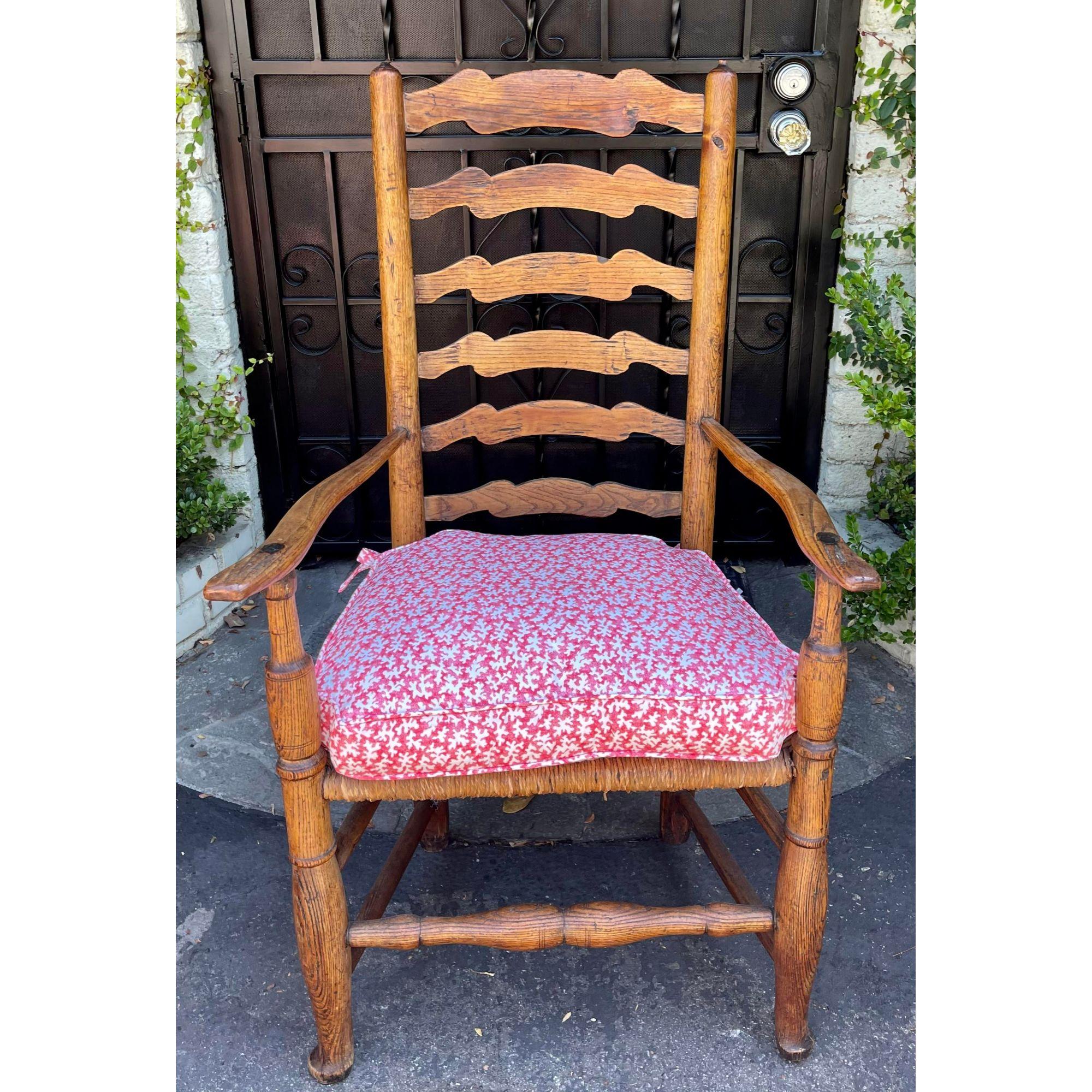 Antique 18th C American Ladder Back Arm Chair with Scalamandre Down Cushion In Good Condition For Sale In LOS ANGELES, CA
