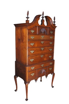 Antique 18th C. American Queen Anne Cherry Bonnet Top Highboy Chest Dresser 85"