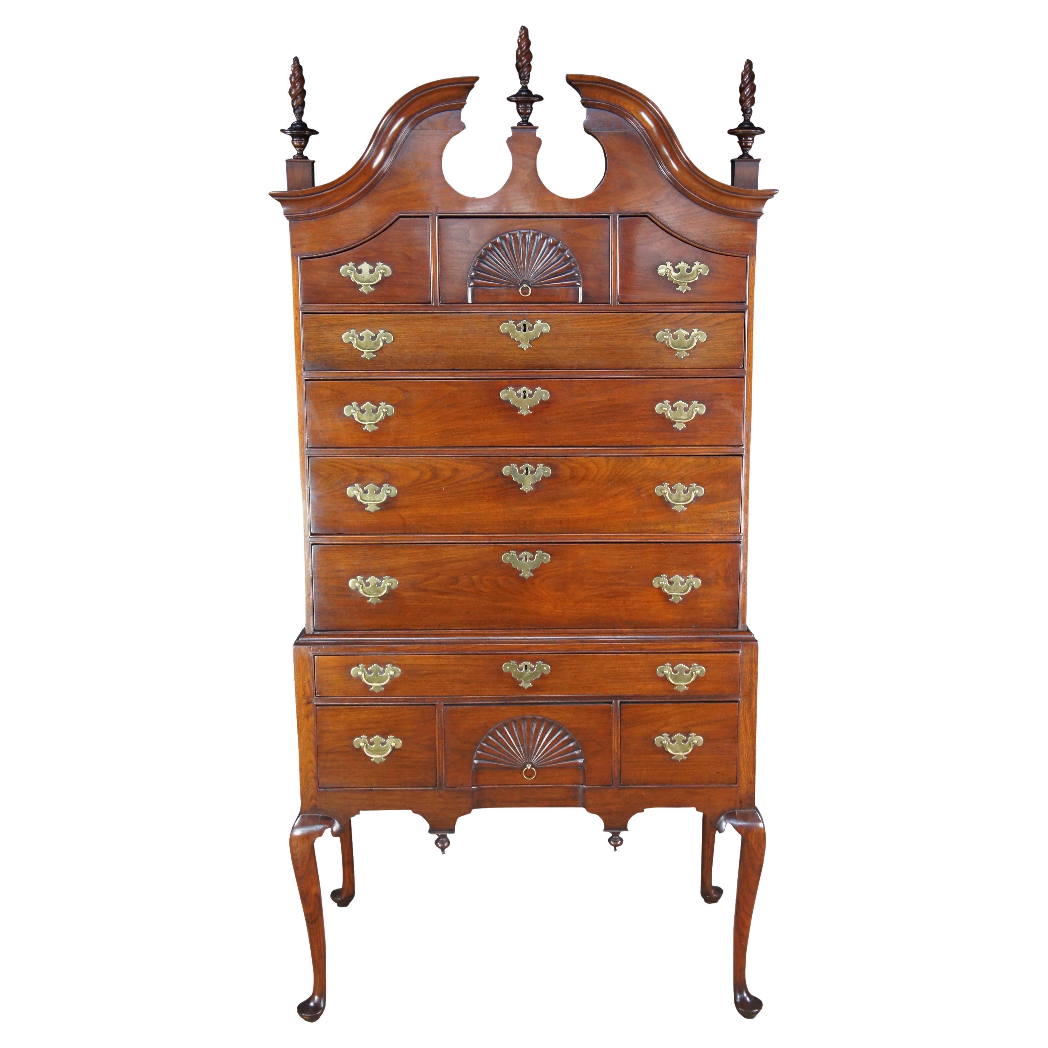 Antique 18th C. American Queen Anne Cherry Bonnet Top Highboy Chest Dresser 85" For Sale