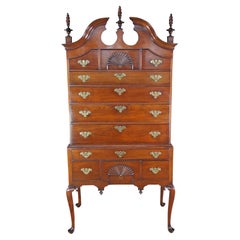 Antique 18th C. American Queen Anne Cherry Bonnet Top Highboy Chest Dresser 85"
