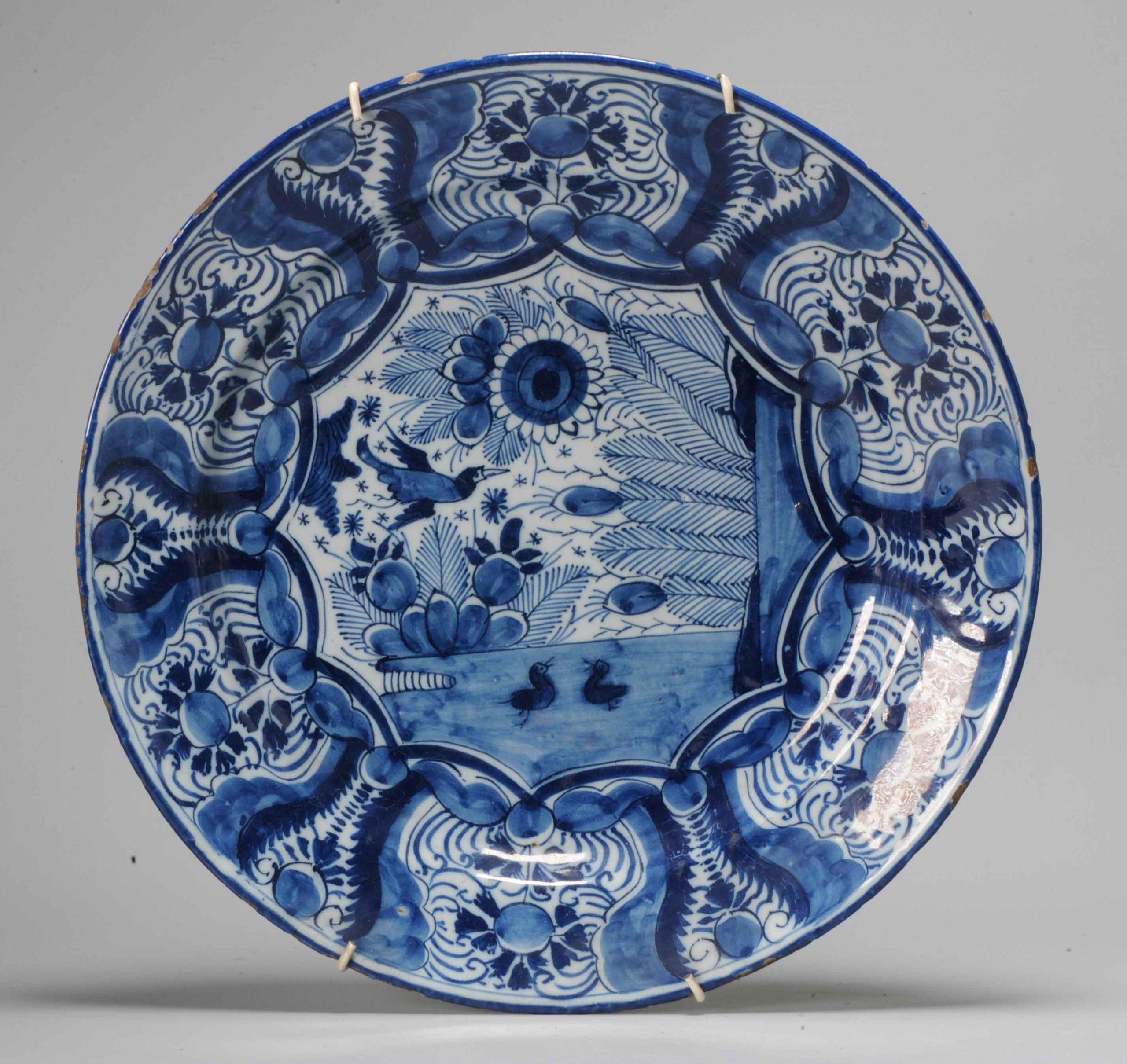 18th Century and Earlier Antique 18th C Blue and White Kraak Style Dutch Delftware Plate For Sale