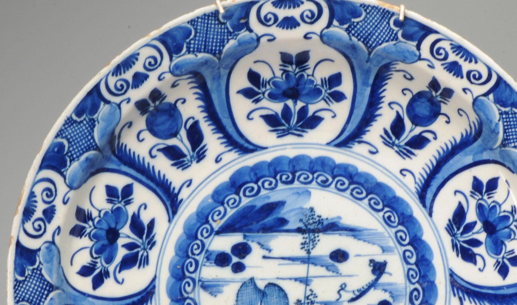 18th Century and Earlier Antique 18th C Blue and White Kraak Style Dutch Delftware Plate For Sale